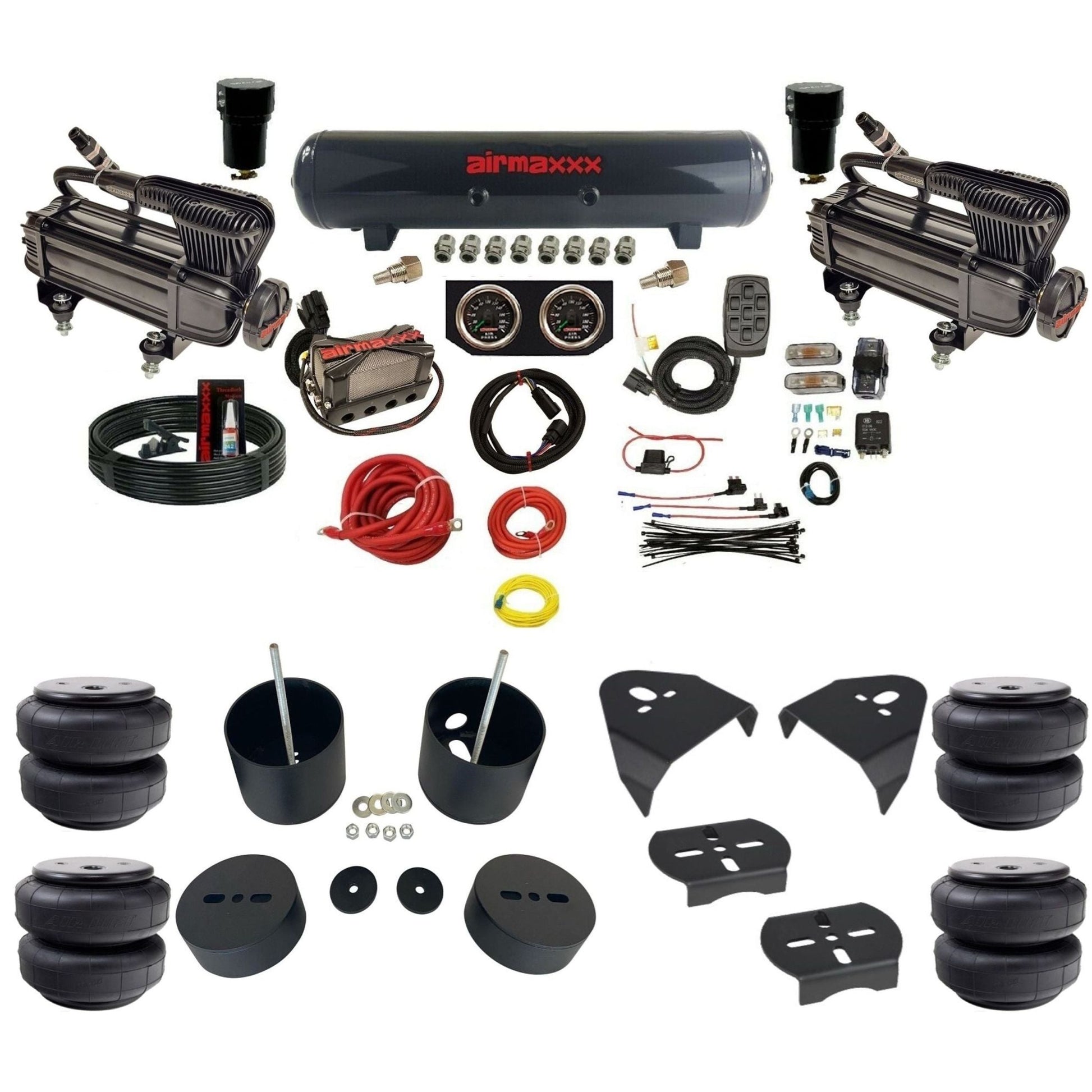 airmaxxx X-series air compressors X4 air manifold steel air tank Air Lift bags & brackets install kit fits 1999-06 Silverado 1500 KGM99-XB2-57S-X4X7-WK-HFD26