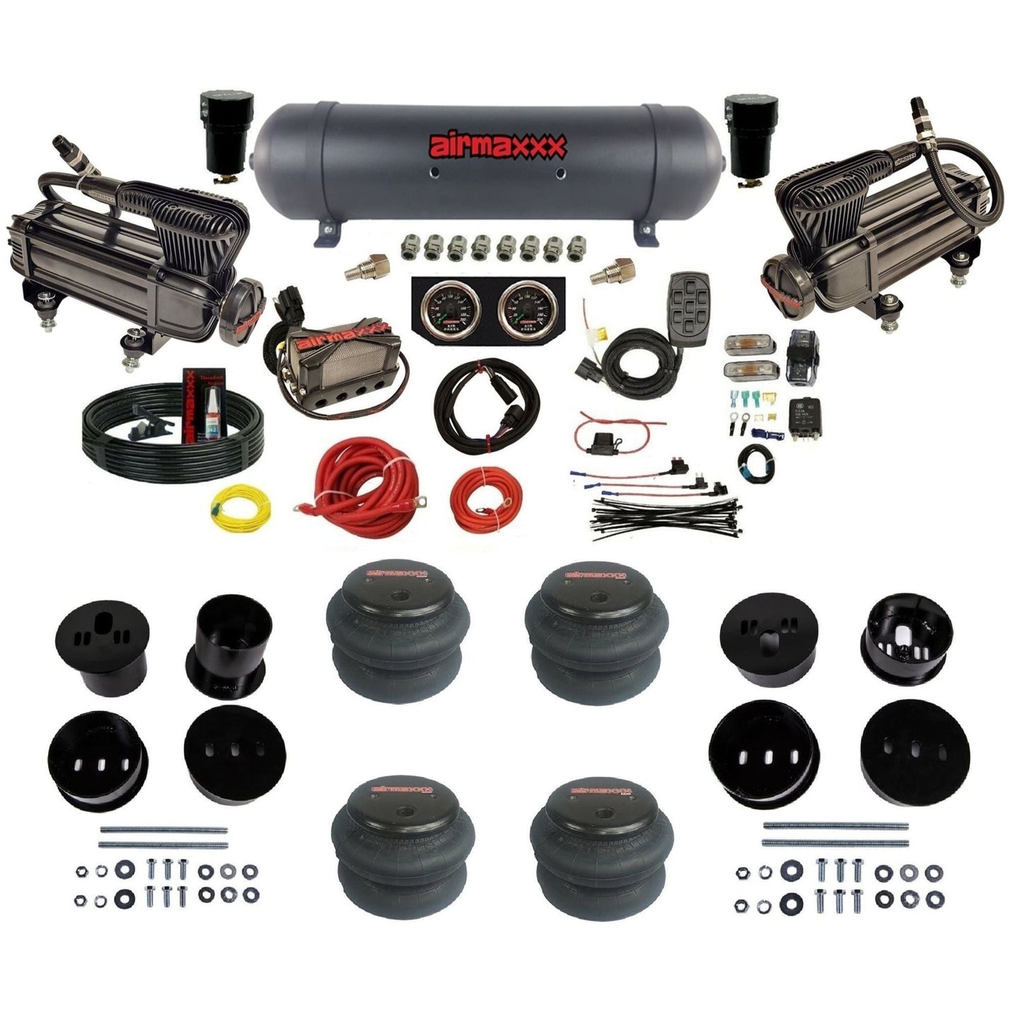 airmaxxx X-series air compressors black aluminum air tank 2600 bags & brackets 3/8" manifold air suspension kit for 1973-1987 Chevy C10 KCAD58-XB2-57ABK-X4X7-WK-HF