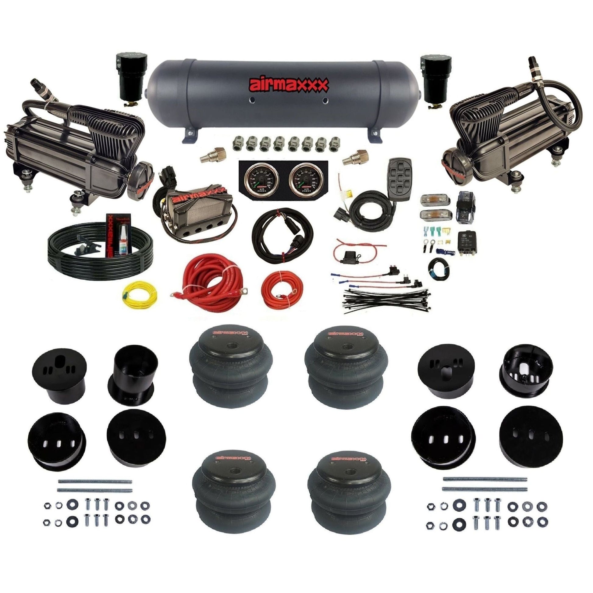 airmaxxx X-series air compressors black aluminum air tank 2600 bags & brackets 3/8" manifold air suspension kit for 1973-1987 Chevy C10 KCAD58-XB2-57ABK-X4X7-WK-HF