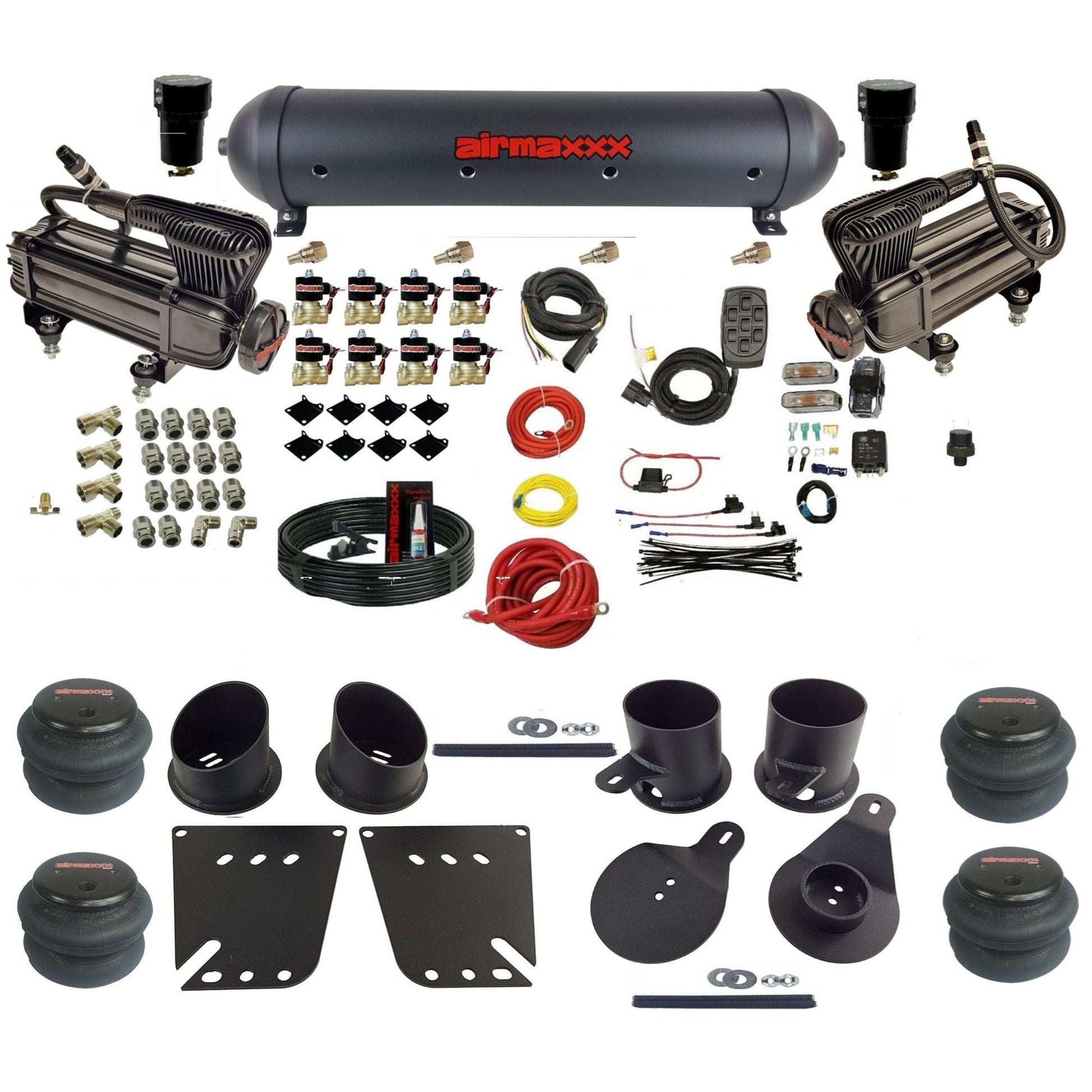 airmaxxx X-series air compressors black aluminum air tank 2600 bags & brackets Air Suspension Kit for 1958-1964 Chevy Impala KIMP58-XB2-838-59ABK-7BK-WK-HF