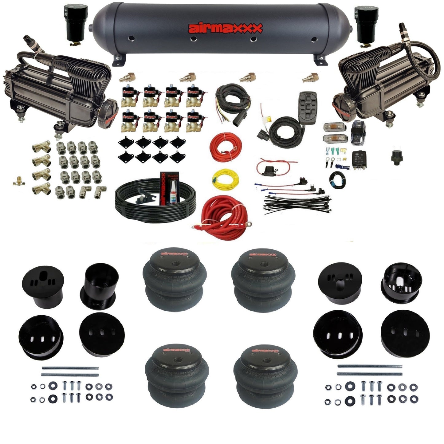 airmaxxx X-series air compressors black aluminum air tank 2600 bags & brackets air ride suspension kit fits 1958-1960 Cadillac KCAD58-XB2-838-59ABK-7BK-WK-HF