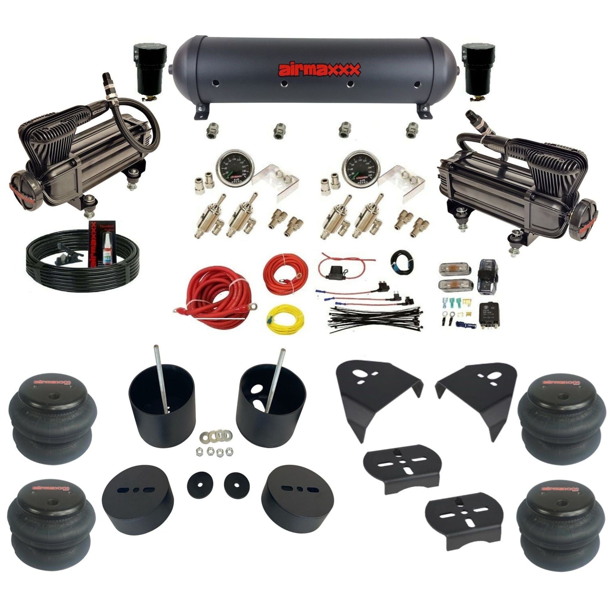 airmaxxx X-series air compressors black aluminum air tank 2600 bags & brackets air suspension kit fits 1988-98 Chevy C15 KGM88-XB2-59ABK-4TOG2GA2B-WK-HF