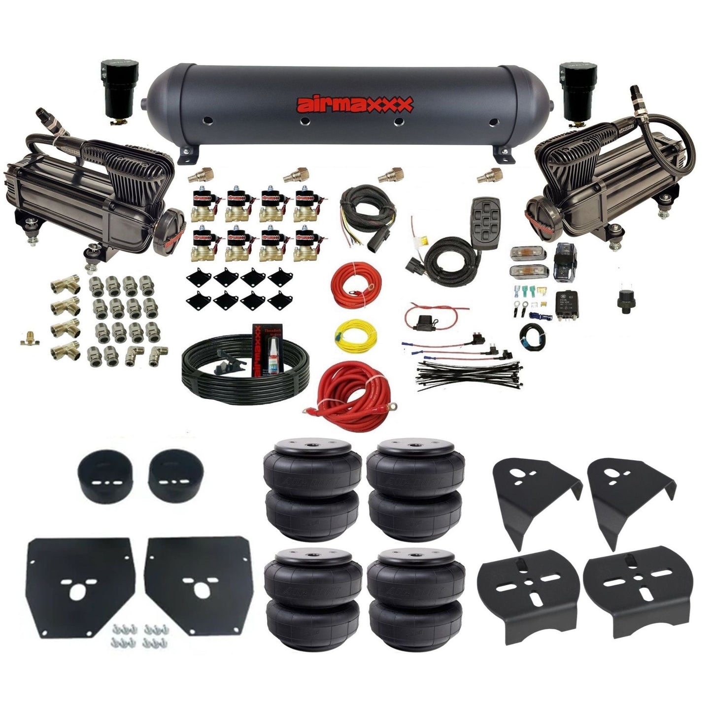 airmaxxx X-series air compressors black aluminum air tank Air Lift bags & brackets 3/8" air suspension kit for 1973-1987 Chevy/GMC C10 KC1073-XB2-838-59ABK-7BK-WK-HFD26