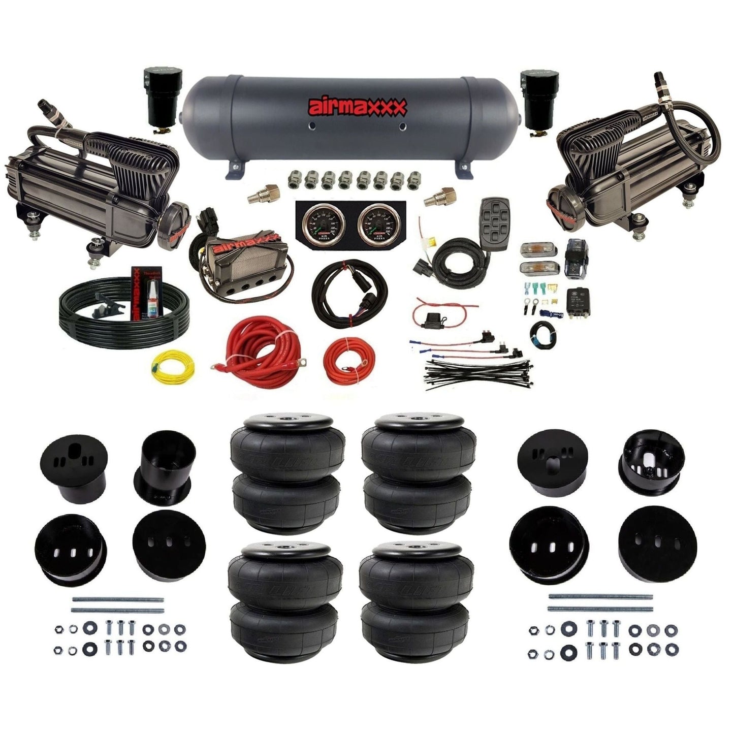 airmaxxx X-series air compressors black aluminum air tank Air Lift bags & brackets 3/8" manifold air suspension kit for 1973-1987 Chevy C10 KCAD58-XB2-57ABK-X4X7-WK-HFD25