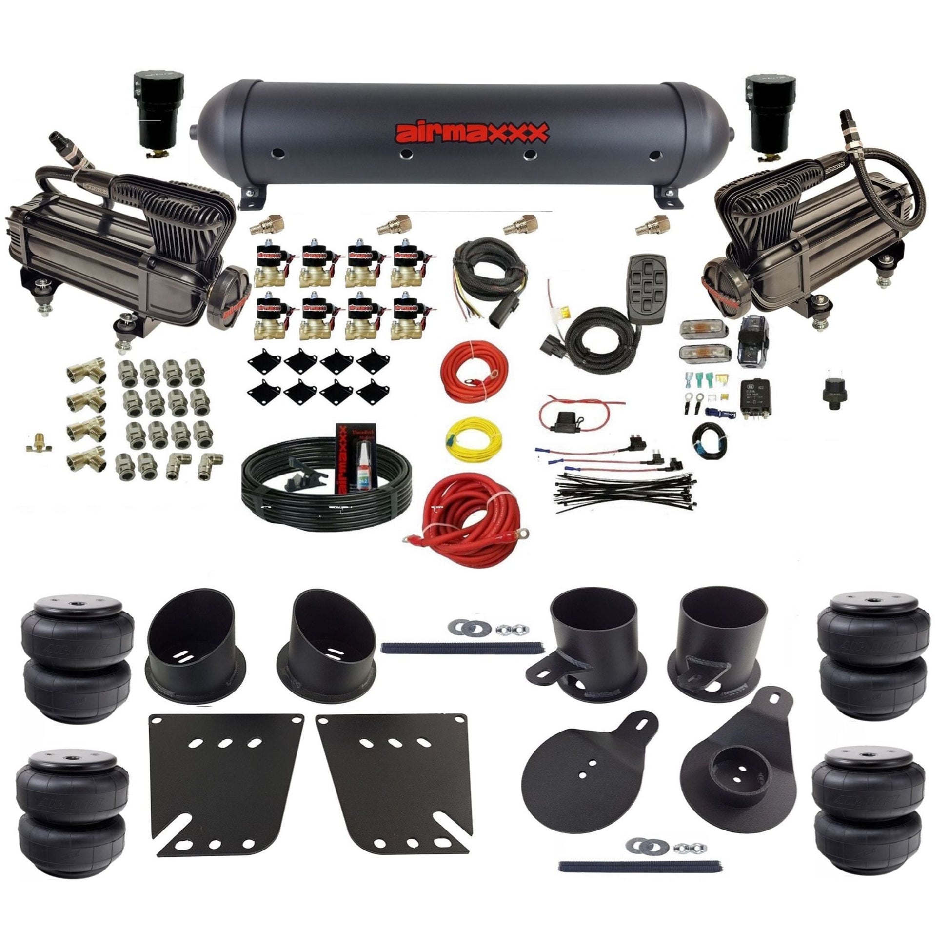 airmaxxx X-series air compressors black aluminum air tank Air Lift bags & brackets Air Suspension Kit for 1958-1964 Chevy Impala KIMP58-XB2-838-59ABK-7BK-WK-HFD25