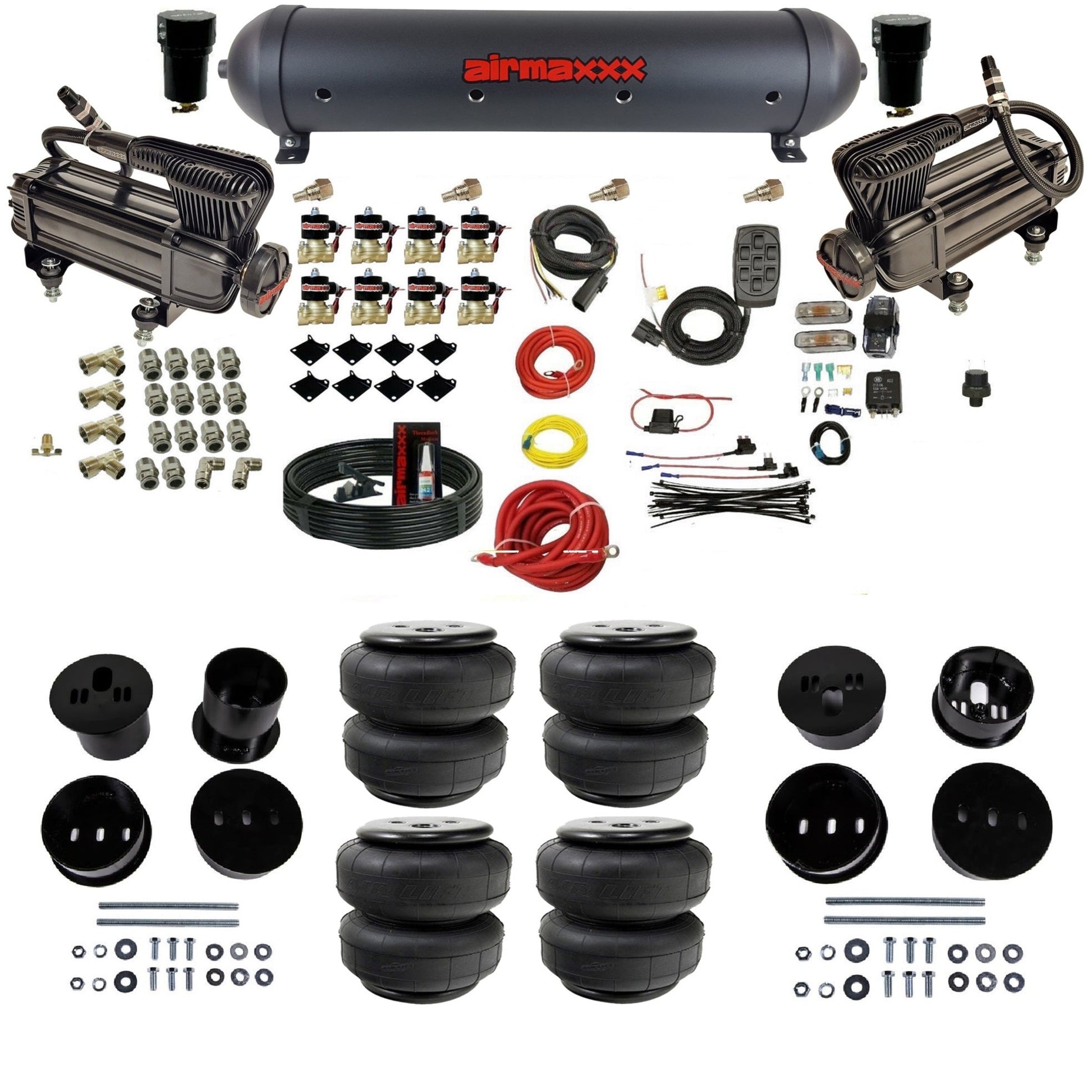 airmaxxx X-series air compressors black aluminum air tank Air Lift bags & brackets air ride suspension kit fits 1958-1960 Cadillac KCAD58-XB2-838-59ABK-7BK-WK-HFD25