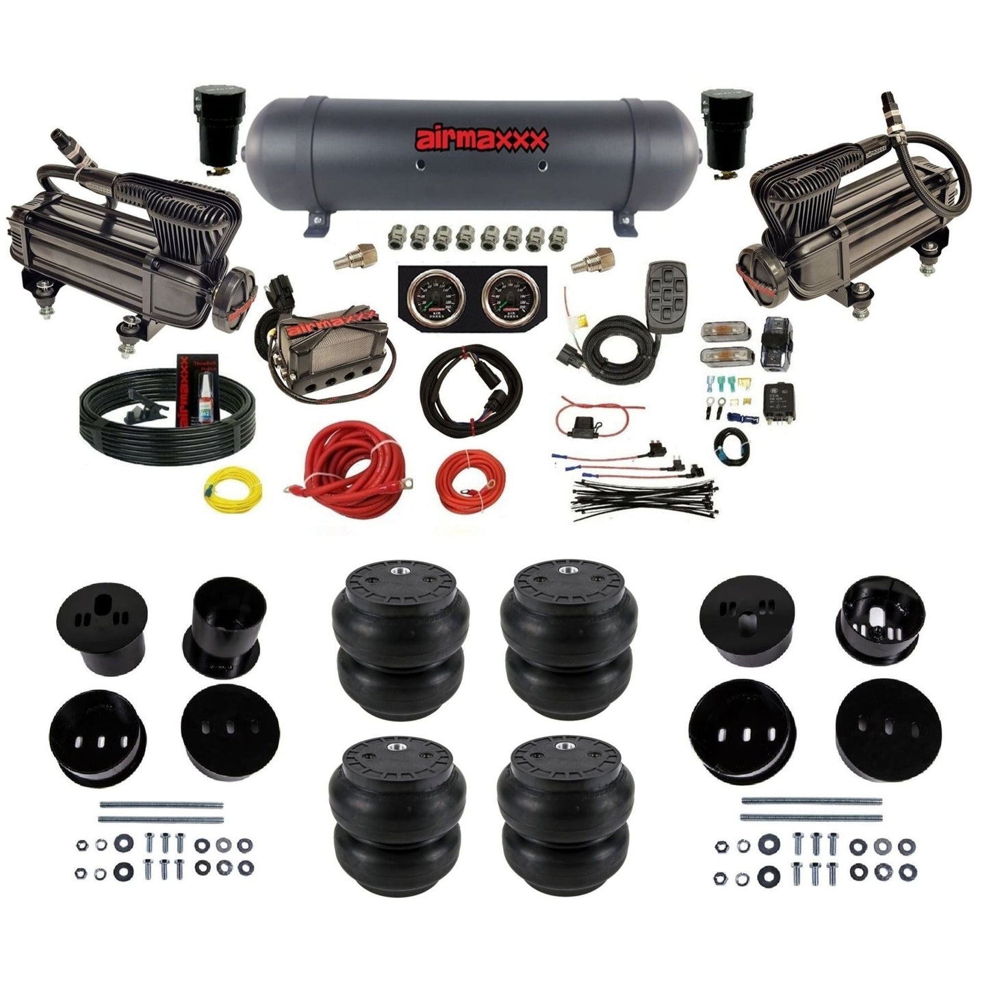 airmaxxx X-series air compressors black aluminum air tank Slam bags & brackets 3/8" manifold air suspension kit for 1973-1987 Chevy C10 KCAD58-XB2-57ABK-X4X7-WK-HFSS7