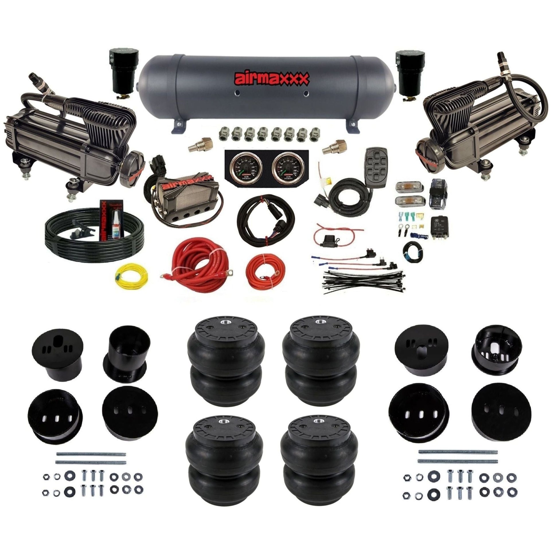 airmaxxx X-series air compressors black aluminum air tank Slam bags & brackets 3/8" manifold air suspension kit for 1973-1987 Chevy C10 KCAD58-XB2-57ABK-X4X7-WK-HFSS7