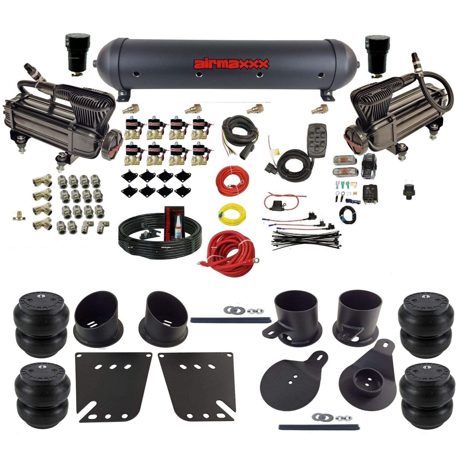 airmaxxx X-series air compressors black aluminum air tank Slam bags & brackets Air Suspension Kit for 1958-1964 Chevy Impala KIMP58-XB2-838-59ABK-7BK-WK-HFSS7