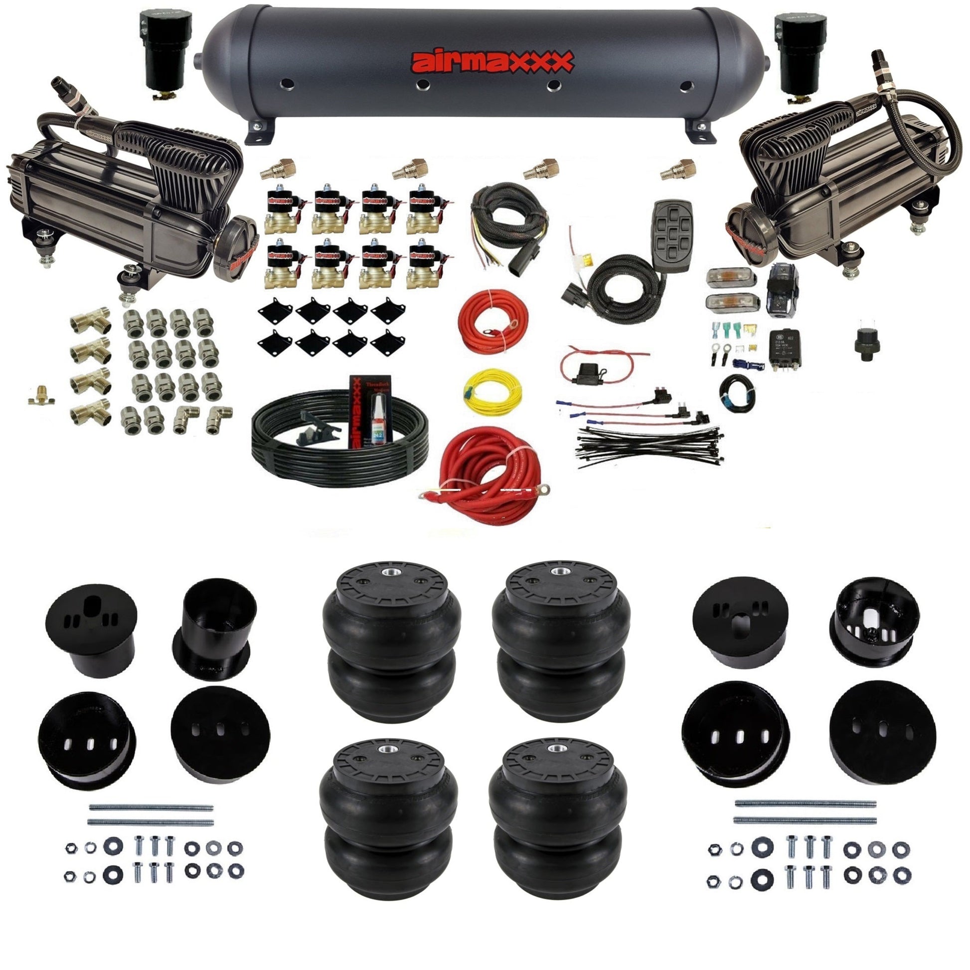 airmaxxx X-series air compressors black aluminum air tank Slam bags & brackets air ride suspension kit fits 1958-1960 Cadillac KCAD58-XB2-838-59ABK-7BK-WK-HFSS7
