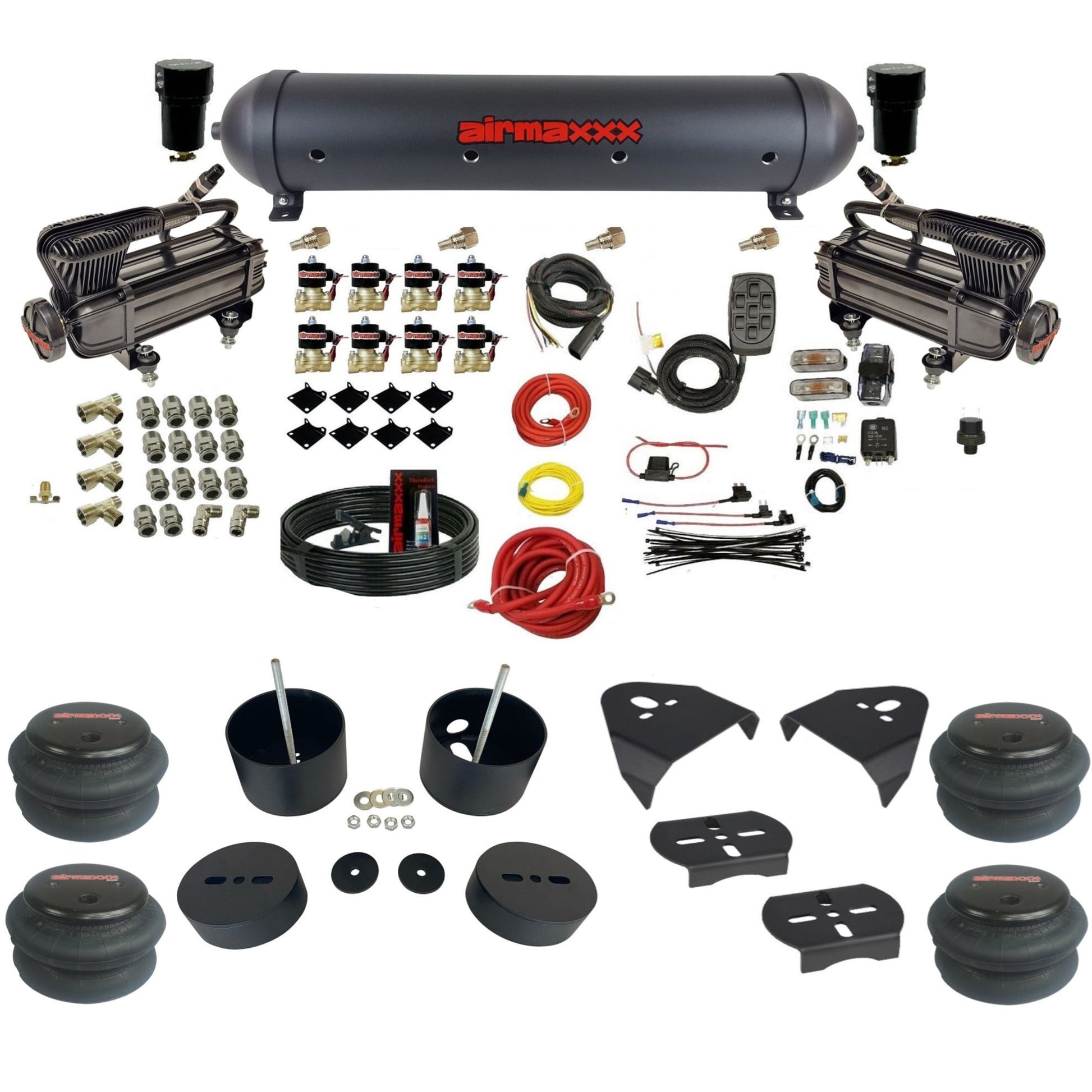 airmaxxx X-series air compressors black aluminum tank 2600 bags & brackets 3/8" fast air suspension kit fits 1999-2006 Silverado/Sierra 1500 KGM99-XB2-838-59ABK-7BK-WK-HF
