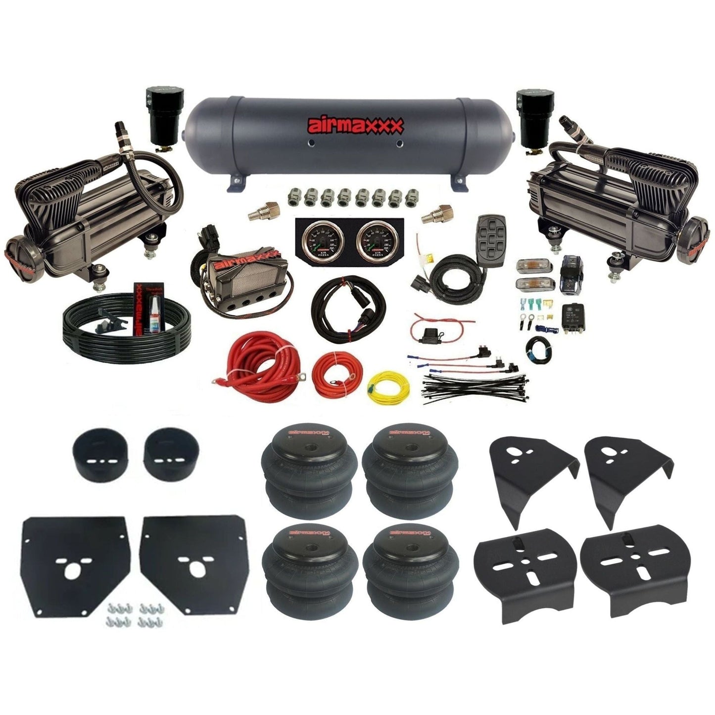 airmaxxx X-series air compressors black aluminum tank w/2600 bags & brackets 3/8" air suspension manifold kit fits 1973-1987 Chevy C10 KC1073-XB2-57ABK-X4X7-WK-HF