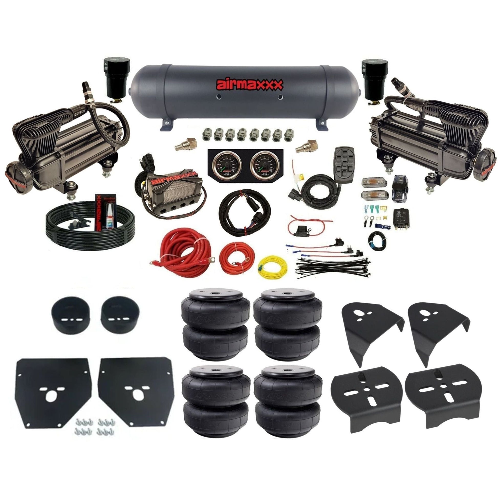 airmaxxx X-series air compressors black aluminum tank w/Air Lift bags & brackets 3/8" air suspension manifold kit fits 1973-1987 Chevy C10 KC1073-XB2-57ABK-X4X7-WK-HFD26