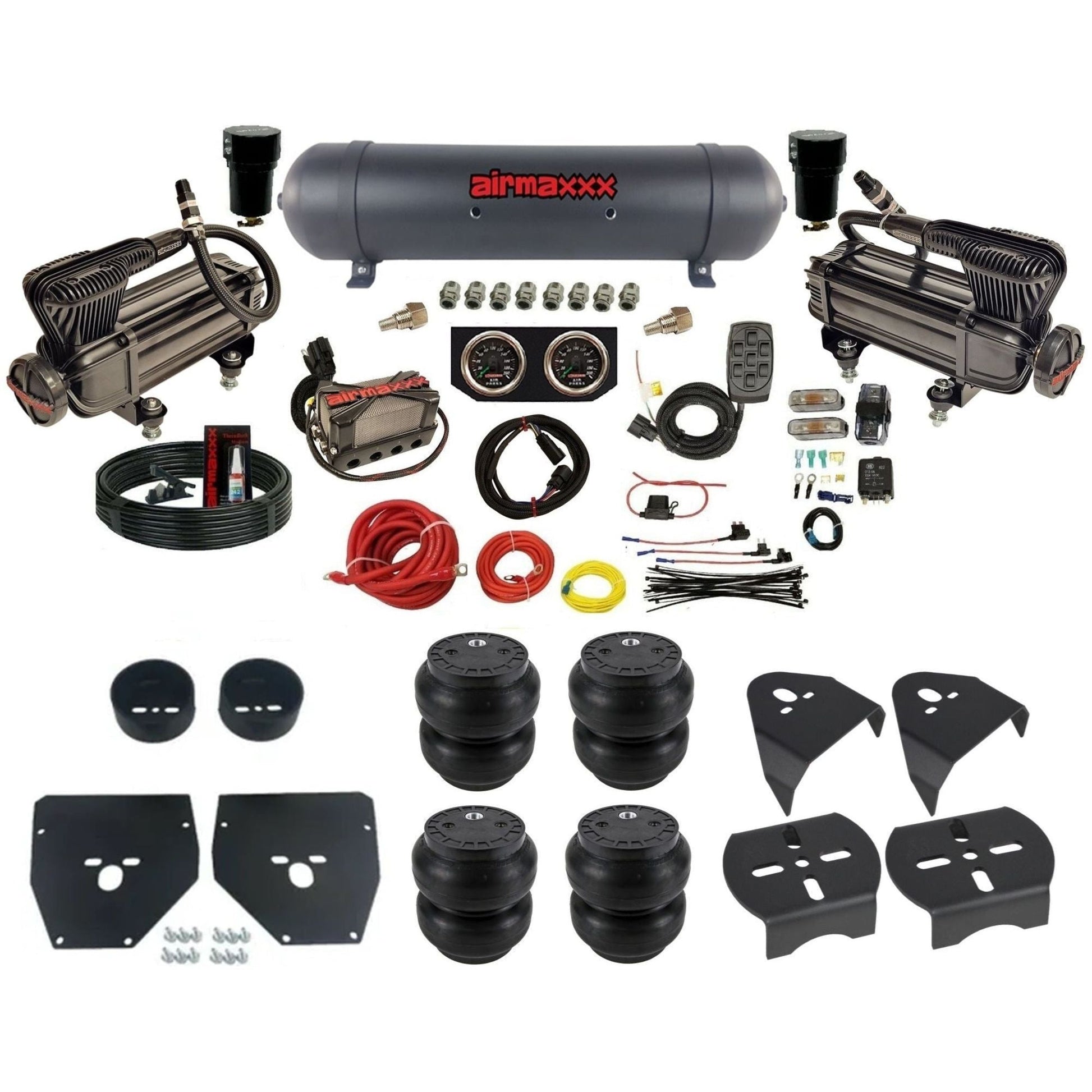 airmaxxx X-series air compressors black aluminum tank w/Slam bags & brackets 3/8" air suspension manifold kit fits 1973-1987 Chevy C10 KC1073-XB2-57ABK-X4X7-WK-HFSS7