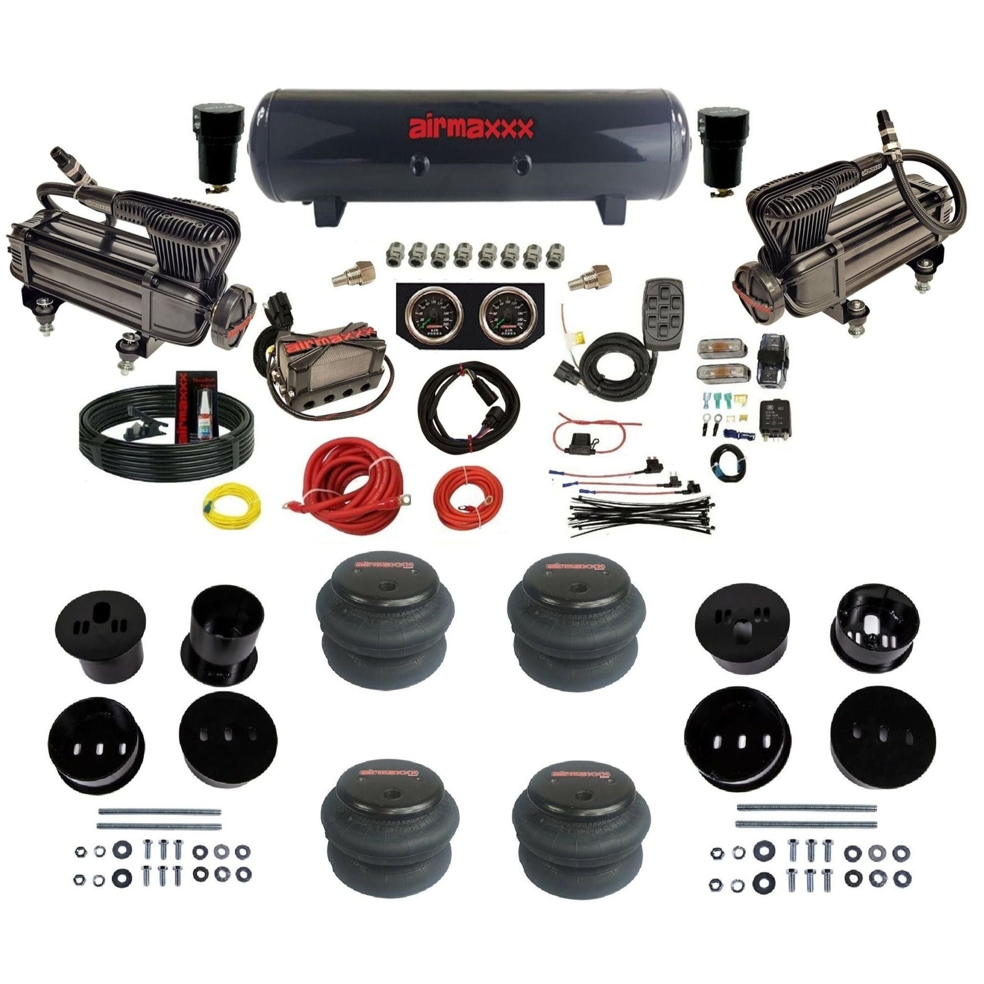 airmaxxx X-series air compressors black steel air tank 2600 bags & brackets 3/8" manifold air suspension kit for 1973-1987 Chevy C10 KCAD58-XB2-57S-X4X7-WK-HF