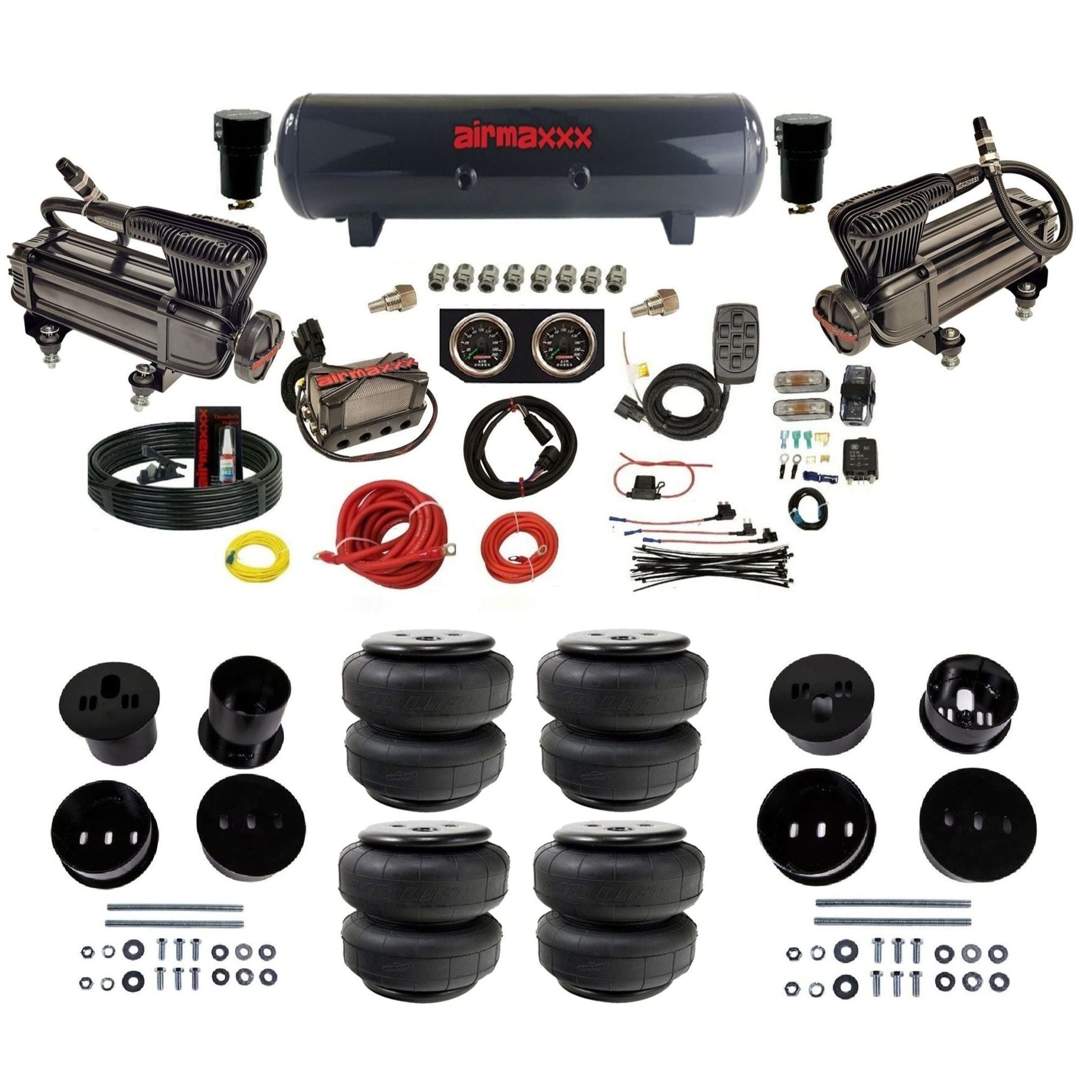 airmaxxx X-series air compressors black steel air tank Air Lift bags & brackets 3/8" manifold air suspension kit for 1973-1987 Chevy C10 KCAD58-XB2-57S-X4X7-WK-HFD25