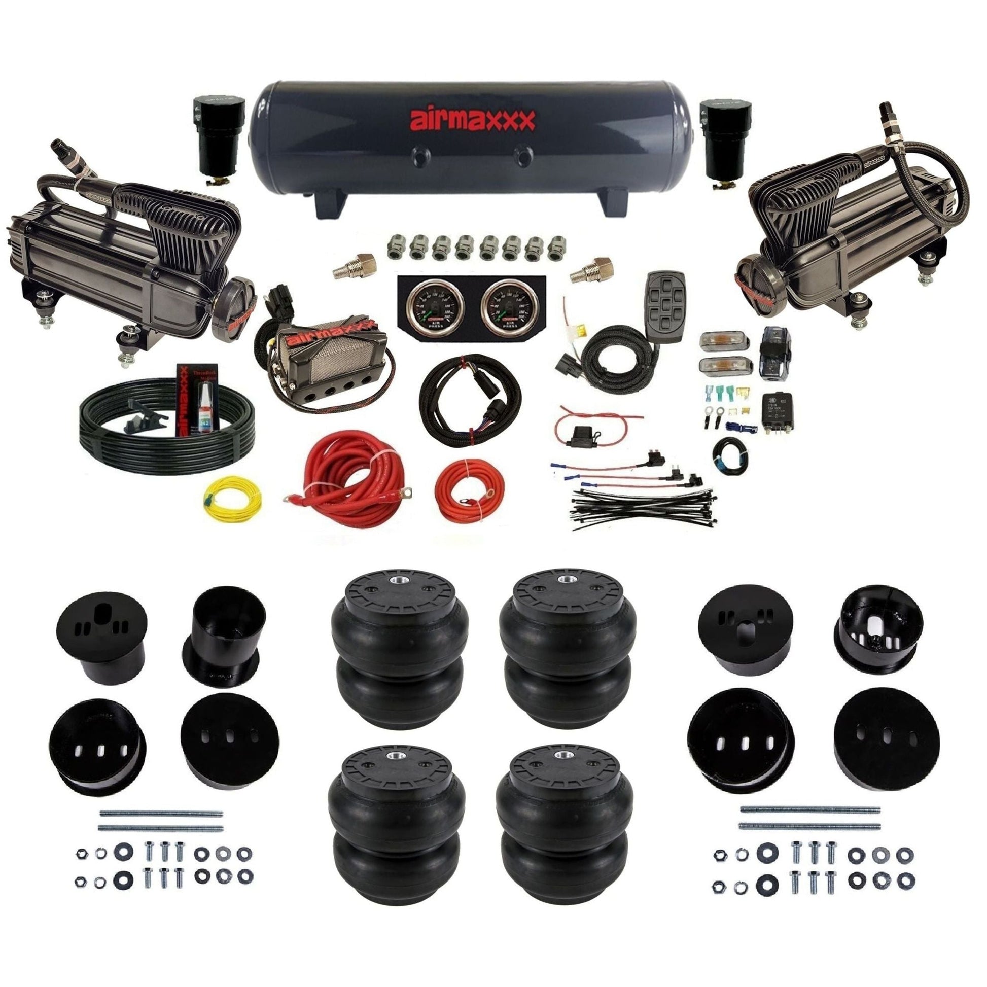 airmaxxx X-series air compressors black steel air tank Slam bags & brackets 3/8" manifold air suspension kit for 1973-1987 Chevy C10 KCAD58-XB2-57S-X4X7-WK-HFSS7