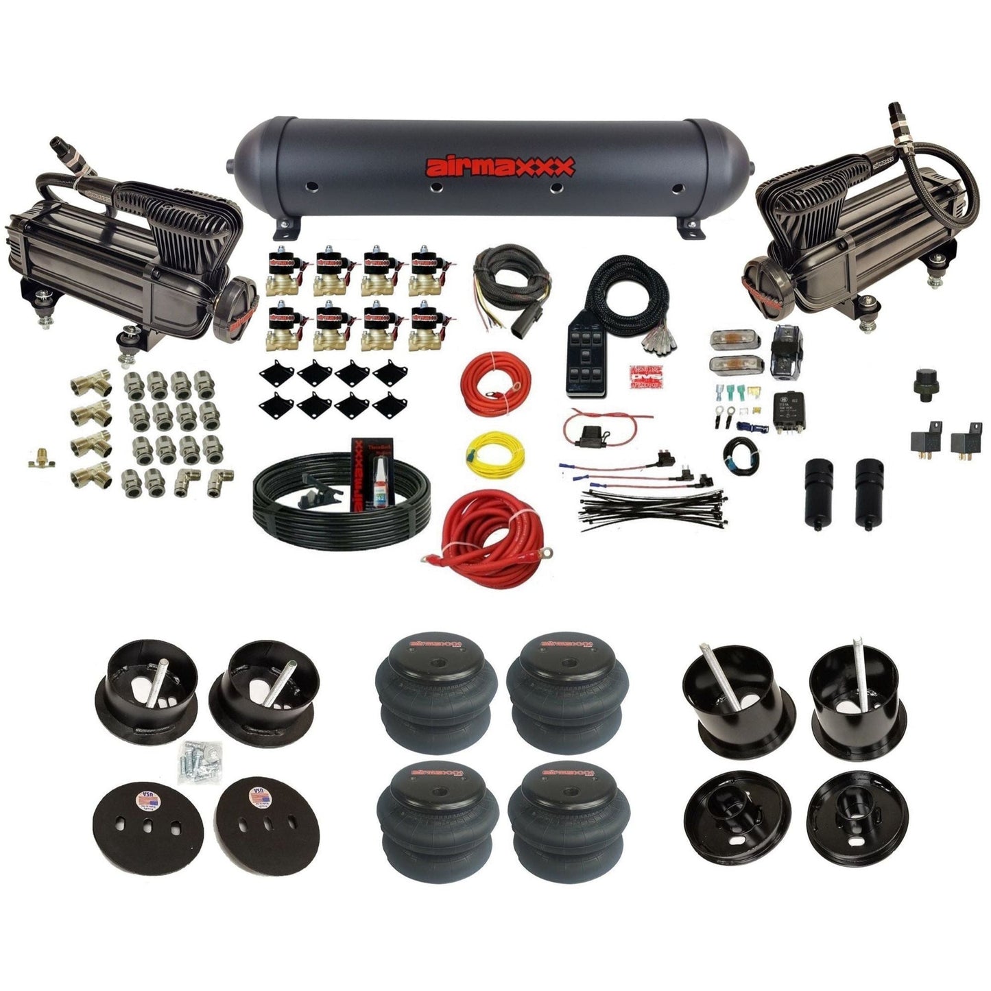 airmaxxx X-series air compressors blk aluminum air tank 2600 bags & brackets fits 1961-62 Cadillac K-CAD6162-XB2-838-59ABK-7BK-WK-HF