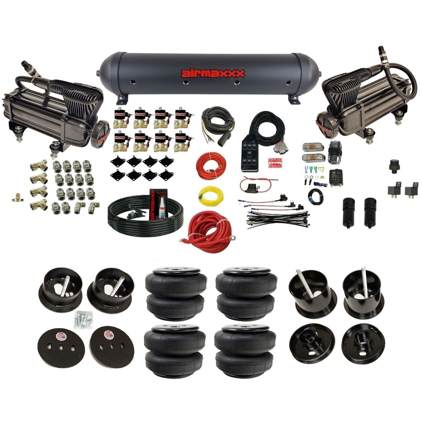 airmaxxx X-series air compressors blk aluminum air tank Air Lift bags & brackets fits 1961-62 Cadillac K-CAD6162-XB2-838-59ABK-7BK-WK-HFD25