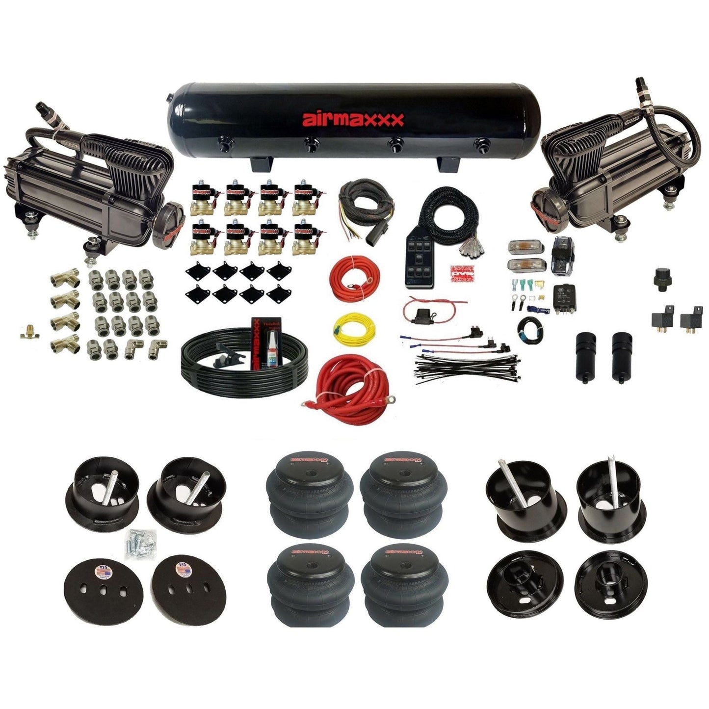 airmaxxx X-series air compressors blk steel air tank 2600 bags & brackets fits 1961-62 Cadillac K-CAD6162-XB2-838-59S-7BK-WK-HF