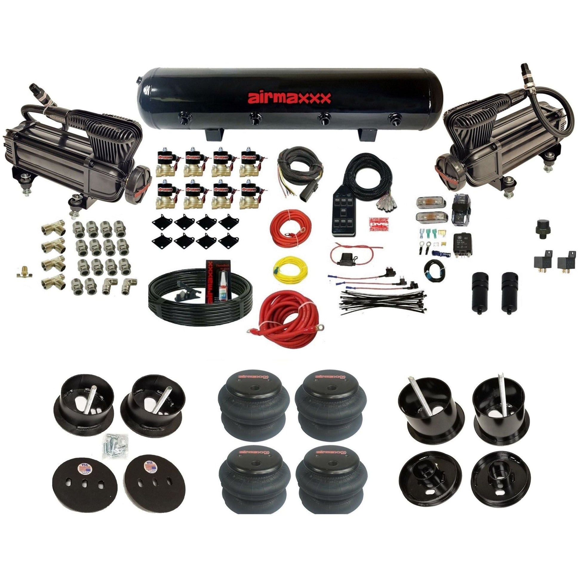 airmaxxx X-series air compressors blk steel air tank 2600 bags & brackets fits 1961-62 Cadillac K-CAD6162-XB2-838-59S-7BK-WK-HF