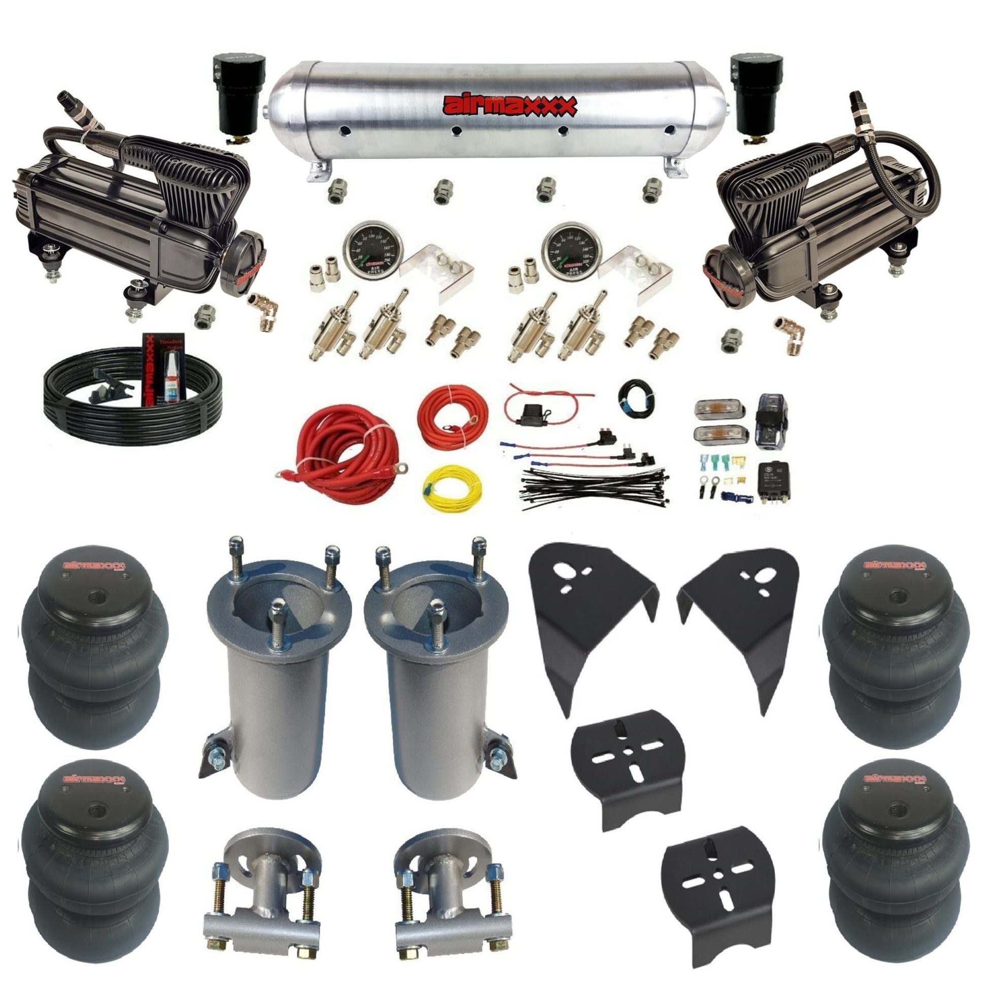 airmaxxx X-series air compressors raw aluminum air tank 2600 bags & brackets air suspension kit fits 2007-2018 Silverado/Sierra 1500 KGM07-XB2-59ARW-4TOG2GA2B-WK-HF