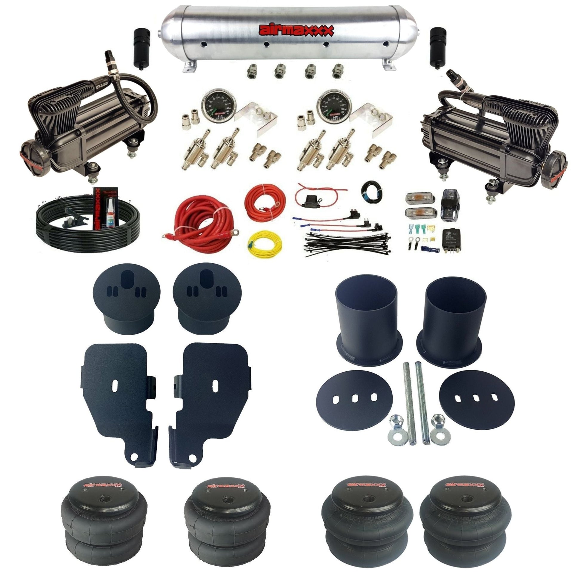 airmaxxx X-series air compressors raw aluminum air tank 3/8 manual air suspension kit w/2500 2600 bags & brackets fits 1965 70 chevy impala KIMP65-XB2-59ARW-4TOG2GA2B-WK-HF