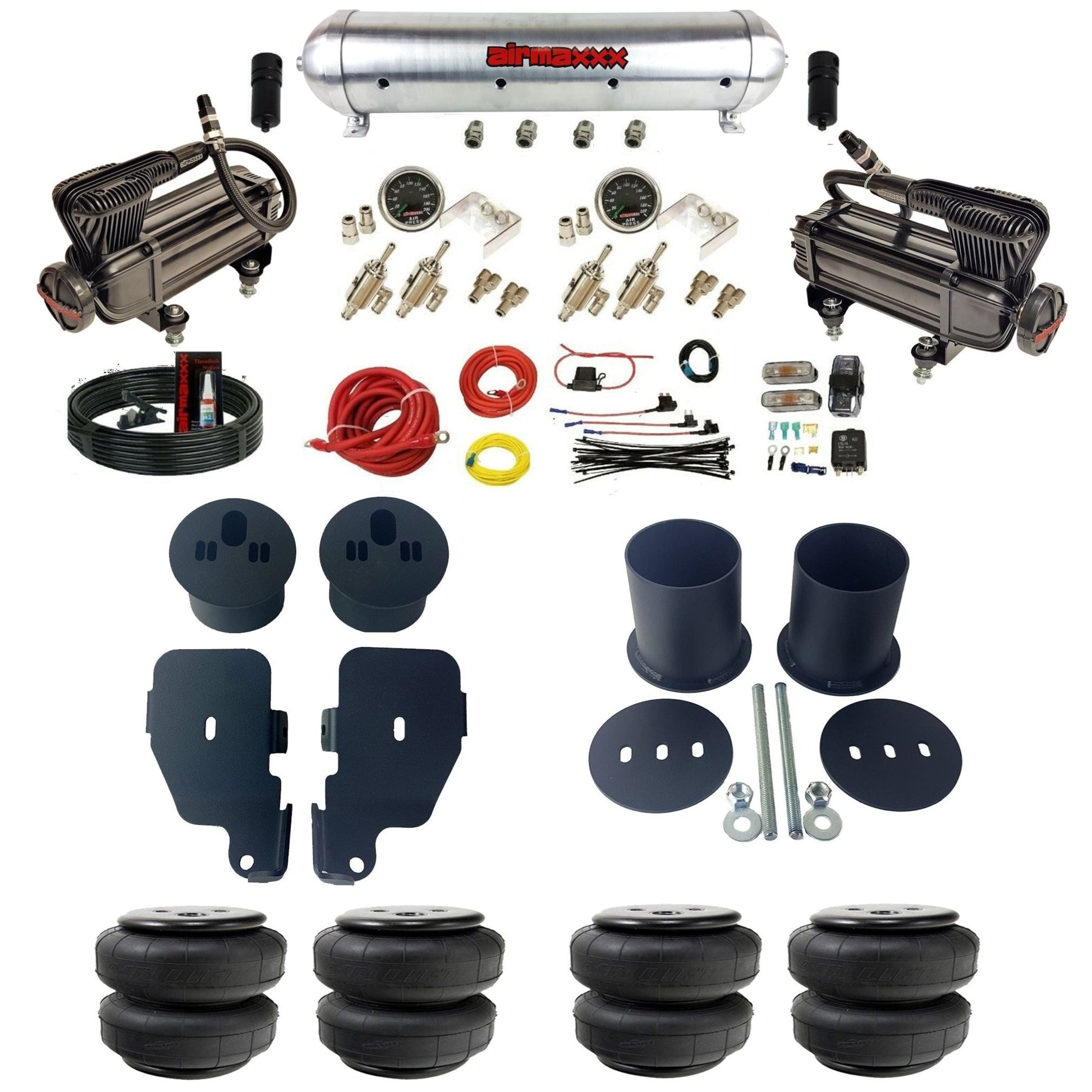 airmaxxx X-series air compressors raw aluminum air tank 3/8 manual air suspension kit w/Air Lift bags & brackets fits 1965 70 chevy impala KIMP65-XB2-59ARW-4TOG2GA2B-WK-HFD25