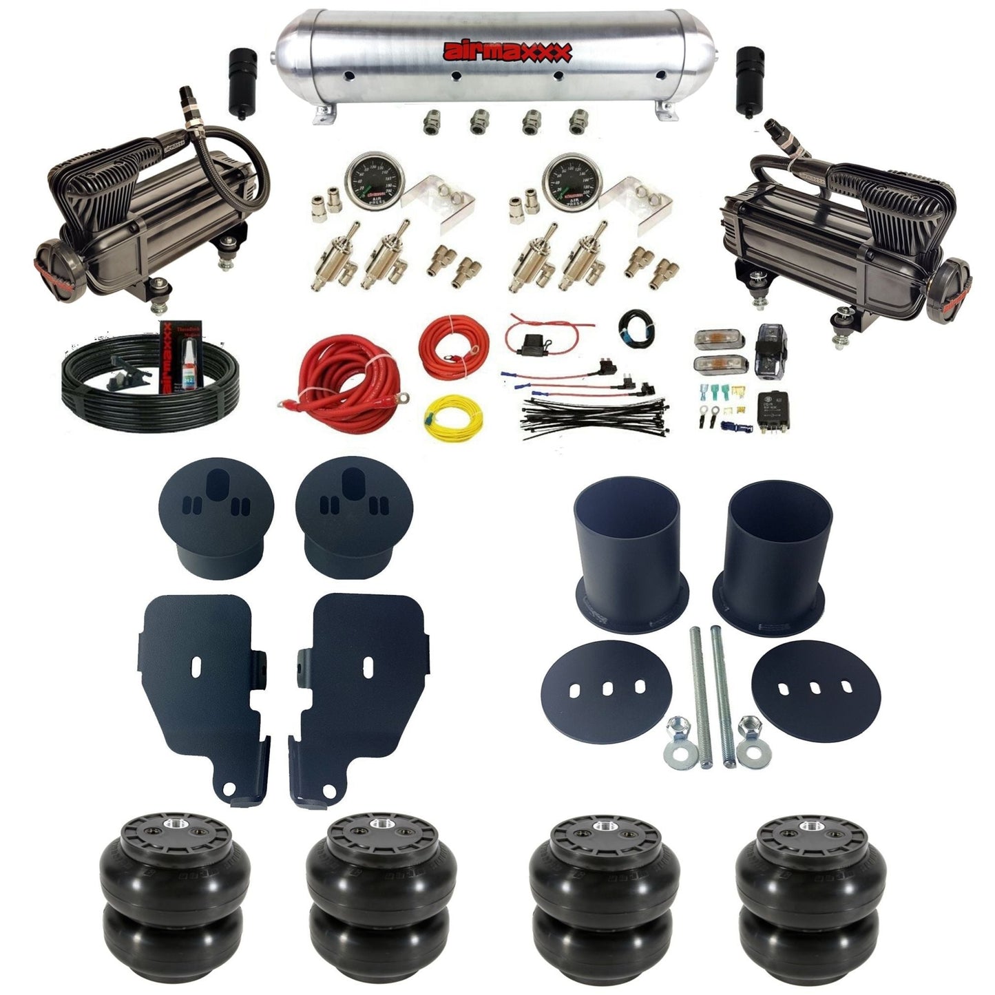 airmaxxx X-series air compressors raw aluminum air tank 3/8 manual air suspension kit w/Slam bags & brackets fits 1965 70 chevy impala KIMP65-XB2-59ARW-4TOG2GA2B-WK-HFSS6