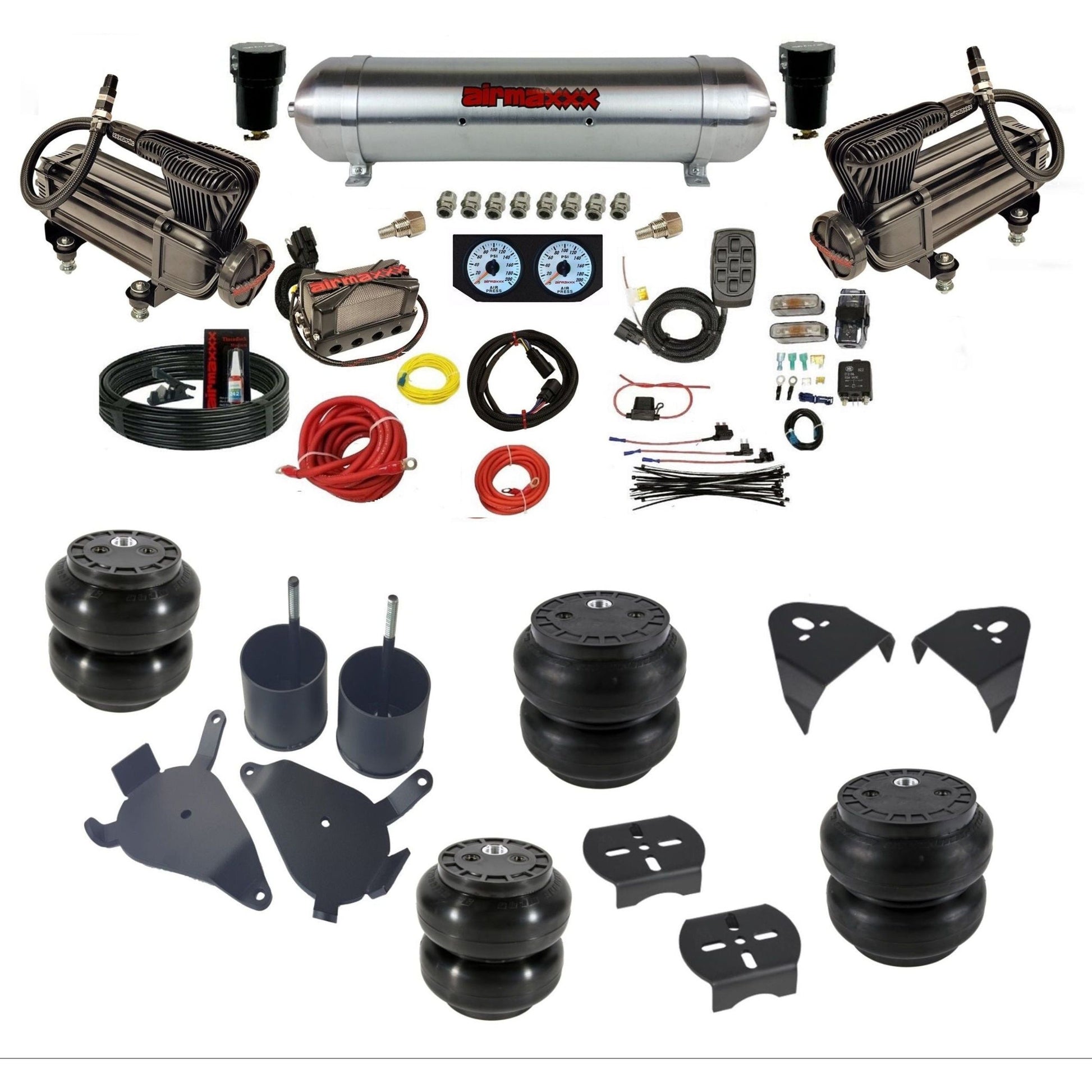 airmaxxx X-series air compressors raw aluminum air tank Slam bags & brackets X4 manifold air suspension kit for 1982-2004 Chevy S10/S15/Sonoma KS10-XB2-57ARW-X4X7-WK-HFSS6SS7