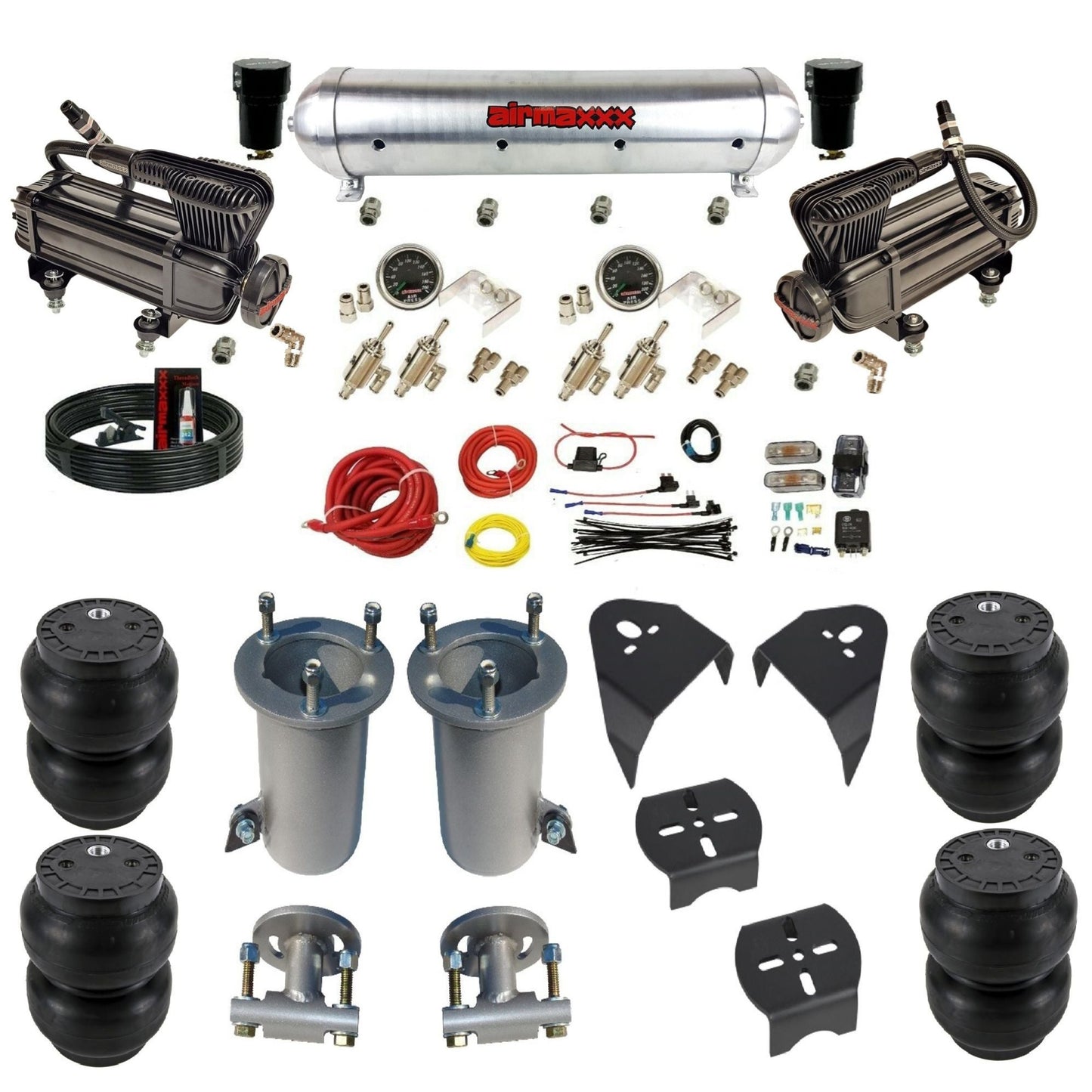 airmaxxx X-series air compressors raw aluminum air tank Slam bags & brackets air suspension kit fits 2007-2018 Silverado/Sierra 1500 KGM07-XB2-59ARW-4TOG2GA2B-WK-HFSS7