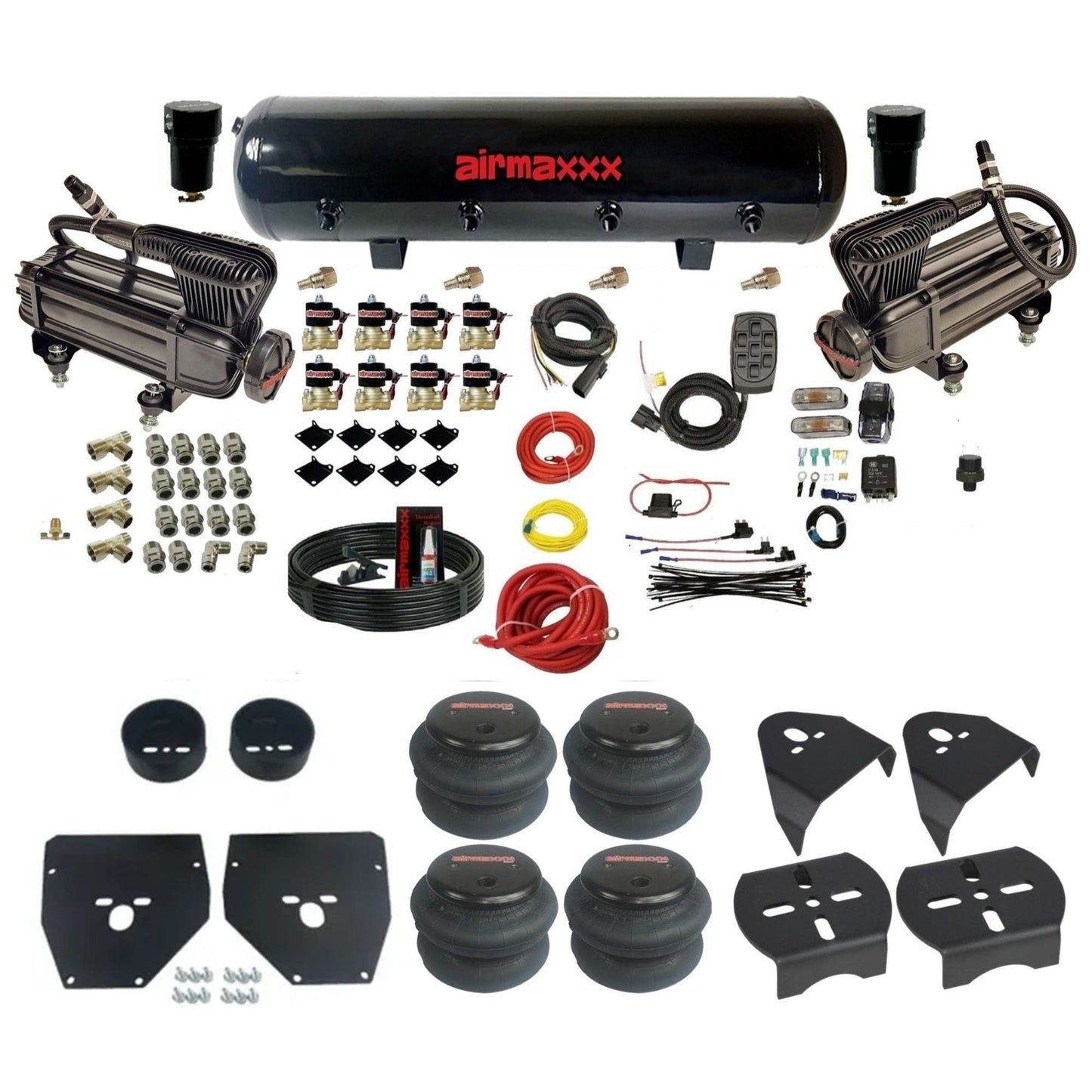 airmaxxx X-series air compressors steel air tank 2600 bags & brackets 3/8" air suspension kit for 1973-1987 Chevy/GMC C10 KC1073-XB2-838-59S-7BK-WK-HF