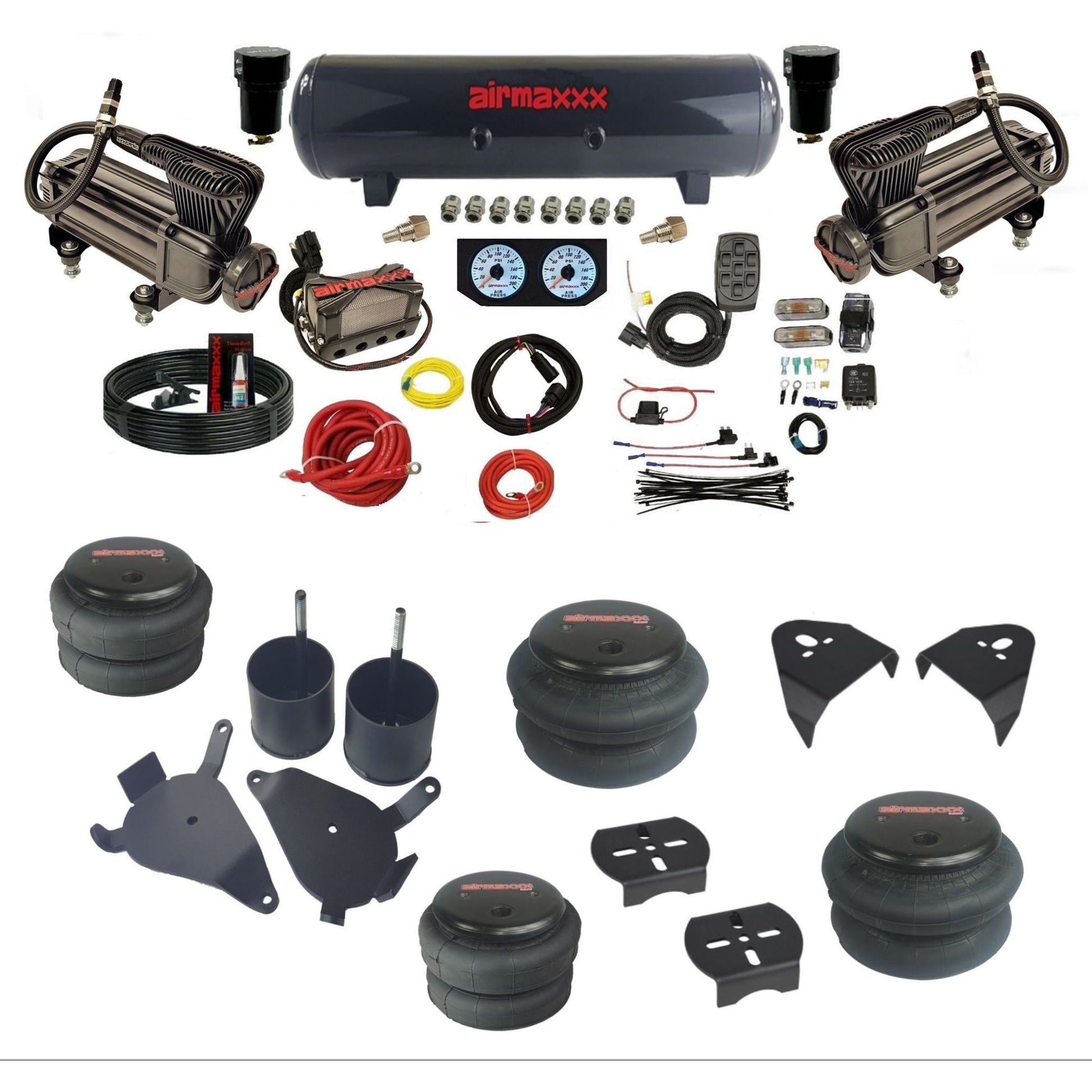 airmaxxx X-series air compressors steel air tank 2600 bags & brackets X4 manifold air suspension kit for 1982-2004 Chevy S10/S15/Sonoma KS10-XB2-57S-X4X7-WK-HF