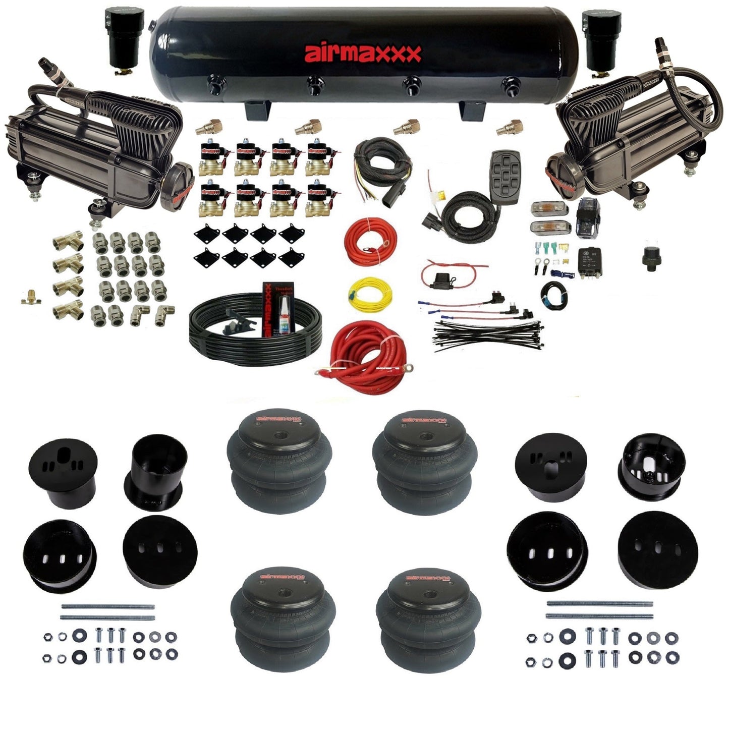 airmaxxx X-series air compressors steel air tank 2600 bags & brackets air ride suspension kit fits 1958-1960 Cadillac KCAD58-XB2-838-59S-7BK-WK-HF