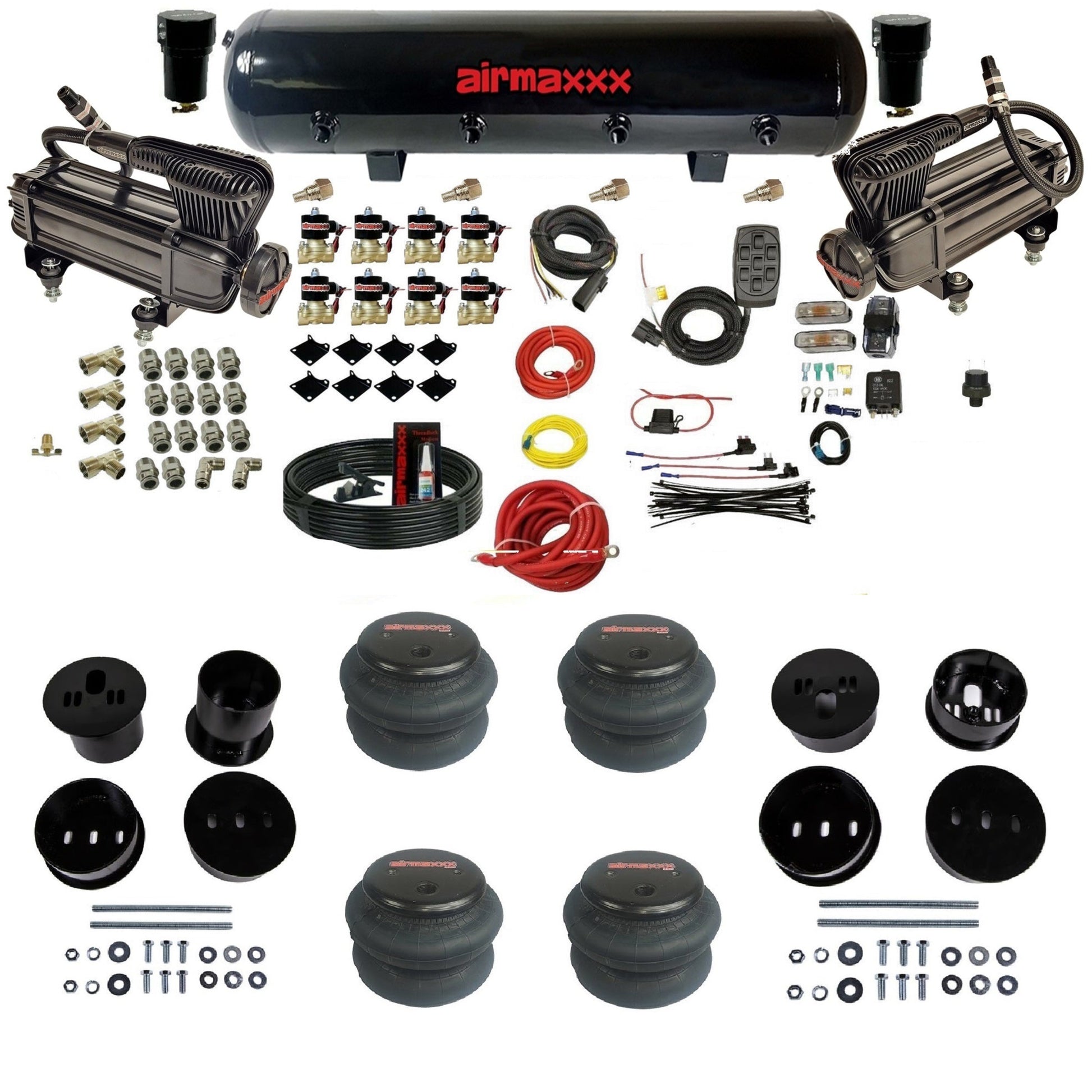 airmaxxx X-series air compressors steel air tank 2600 bags & brackets air ride suspension kit fits 1958-1960 Cadillac KCAD58-XB2-838-59S-7BK-WK-HF