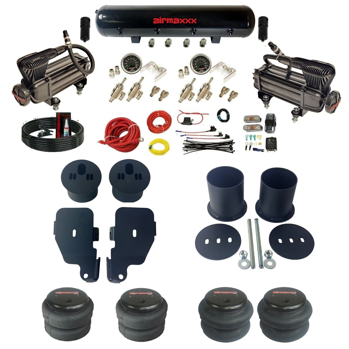 airmaxxx X-series air compressors steel air tank 3/8 manual air suspension kit w/2500 2600 bags & brackets fits 1965 70 chevy impala KIMP65-XB2-59S-4TOG2GA2B-WK-HF