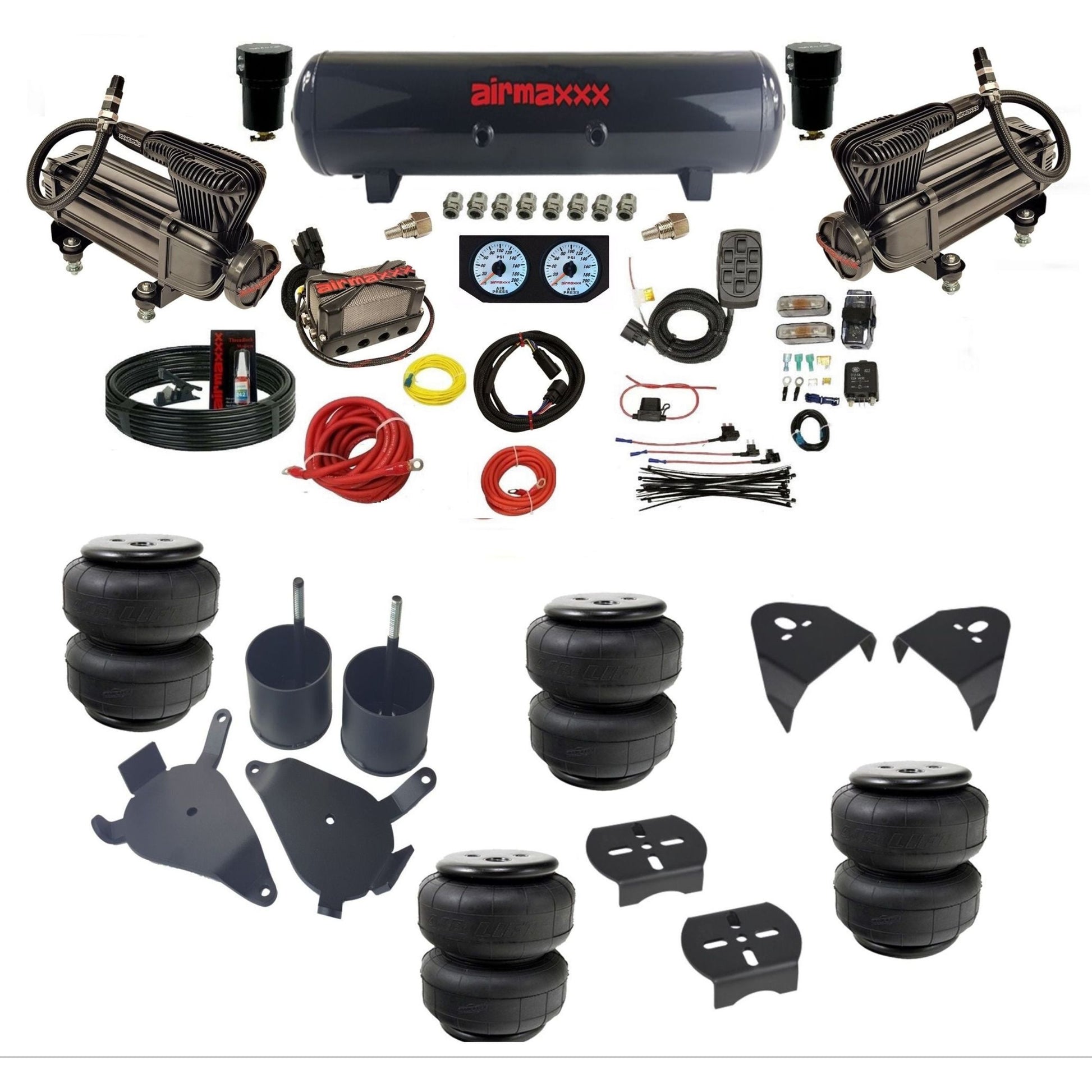 airmaxxx X-series air compressors steel air tank Air Lift bags & brackets X4 manifold air suspension kit for 1982-2004 Chevy S10/S15/Sonoma KS10-XB2-57S-X4X7-WK-HFD25
