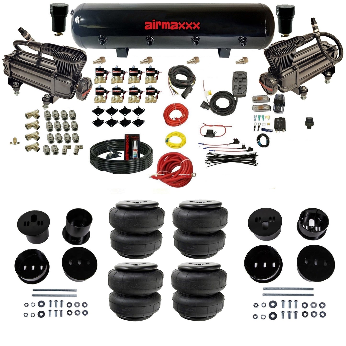 airmaxxx X-series air compressors steel air tank Air Lift bags & brackets air ride suspension kit fits 1958-1960 Cadillac KCAD58-XB2-838-59S-7BK-WK-HFD25