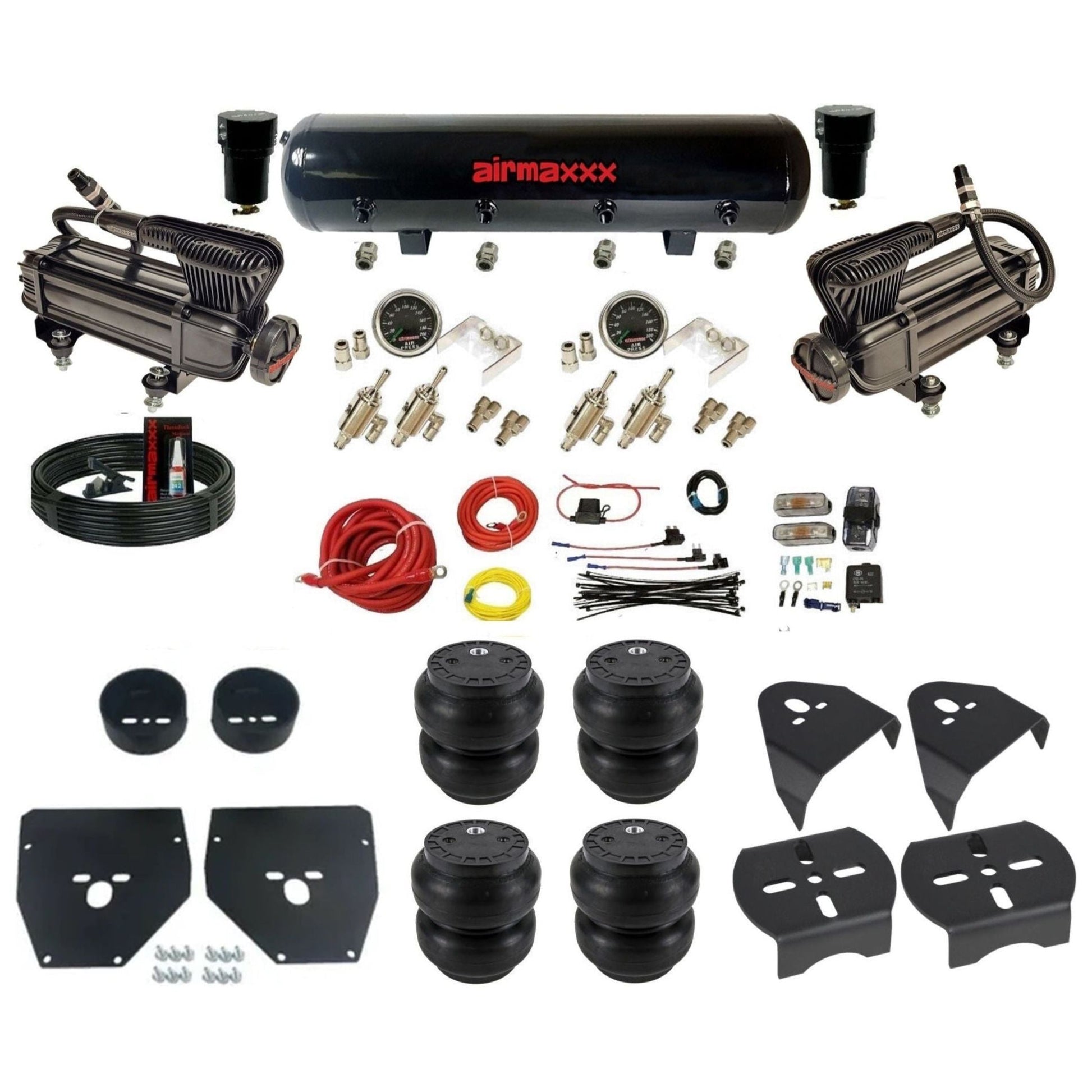 airmaxxx X-series air compressors steel air tank SS7 bags & brackets manual 3/8 air ride kit for 1973-87 chevy c10 KC1073-XB2-59S-4TOG2GA2B-WK-HFSS7