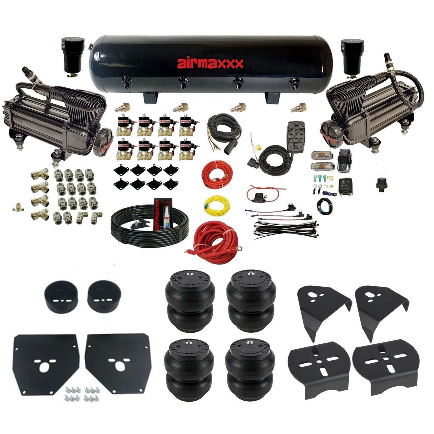 airmaxxx X-series air compressors steel air tank Slam bags & brackets 3/8" air suspension kit for 1973-1987 Chevy/GMC C10 KC1073-XB2-838-59S-7BK-WK-HFSS7