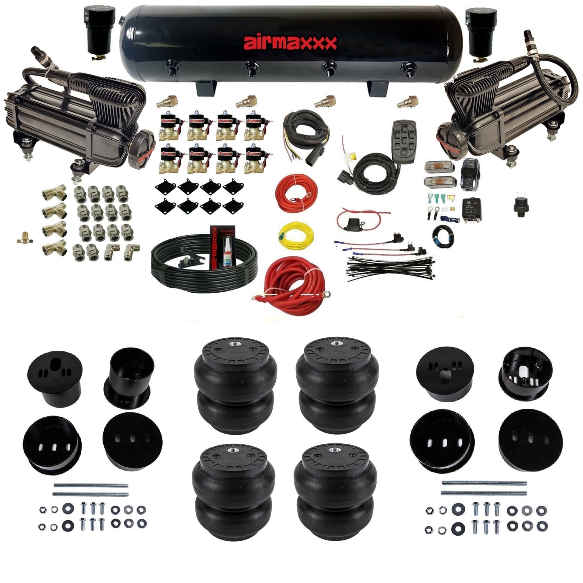 airmaxxx X-series air compressors steel air tank Slam bags & brackets air ride suspension kit fits 1958-1960 Cadillac KCAD58-XB2-838-59S-7BK-WK-HFSS7