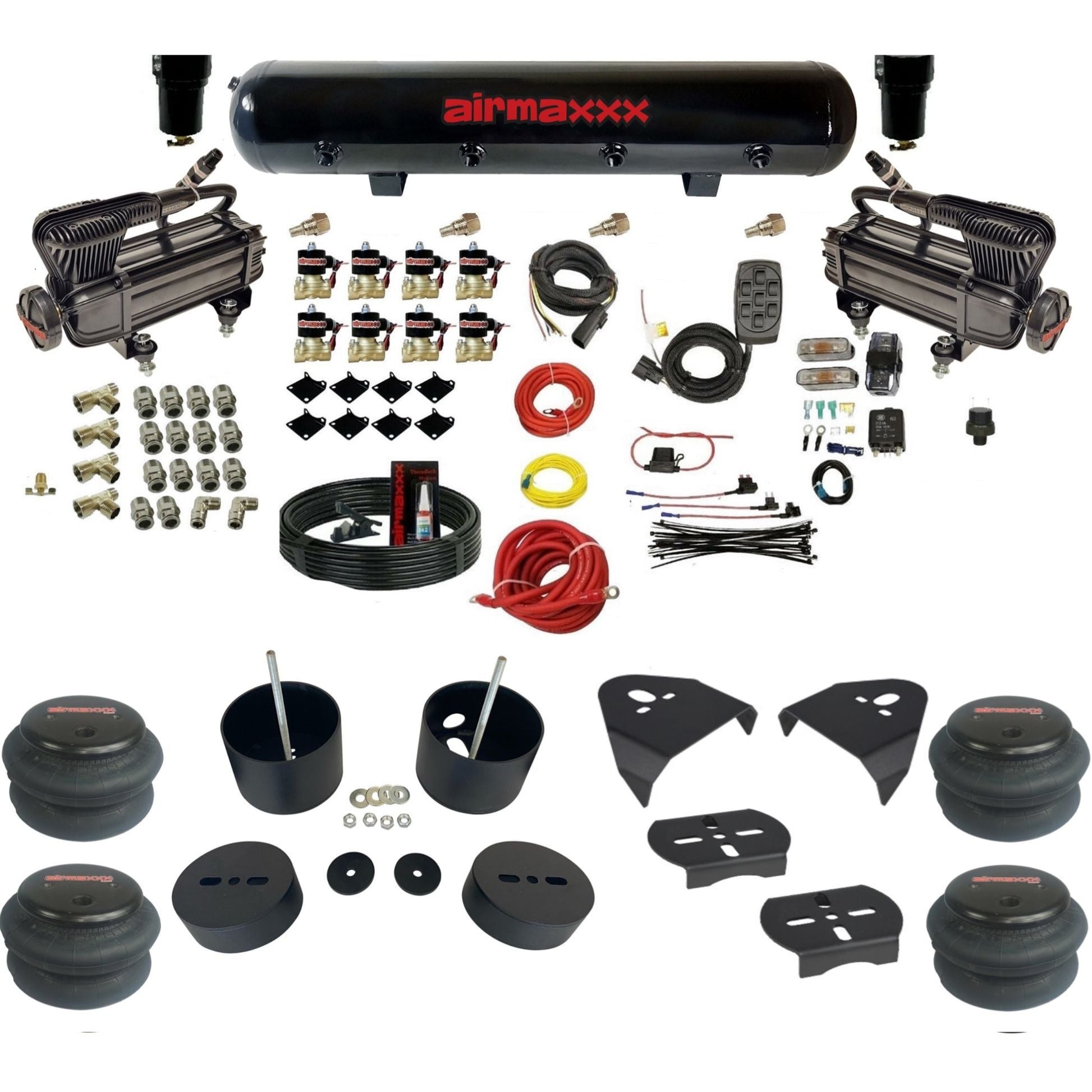airmaxxx X-series air compressors steel tank 2600 bags & brackets 3/8" fast air suspension kit fits 1999-2006 Silverado/Sierra 1500 KGM99-XB2-838-59-7BK-WK-HF