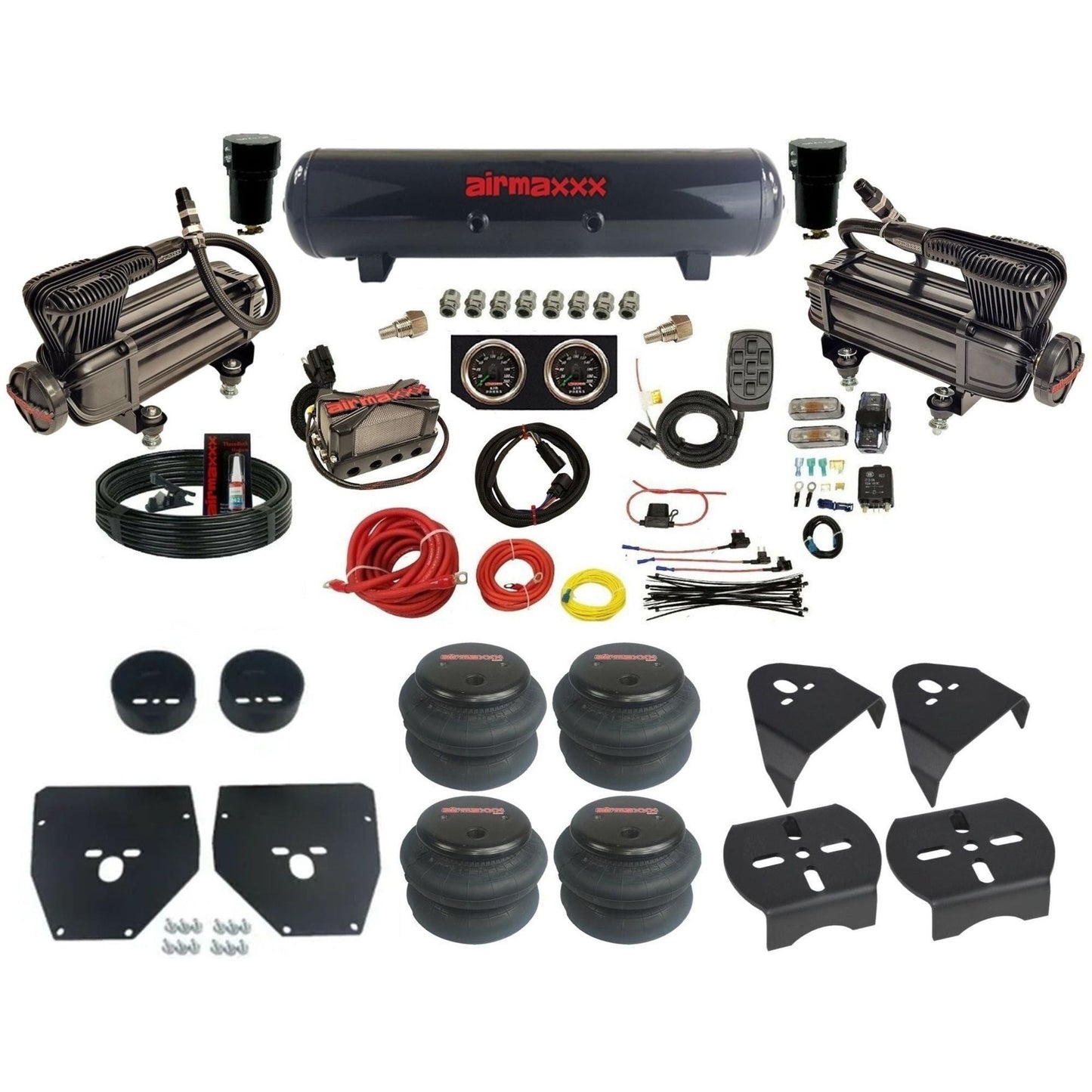 airmaxxx X-series air compressors steel tank w/2600 bags & brackets 3/8" air suspension manifold kit fits 1973-1987 Chevy C10 KC1073-XB2-57S-X4X7-WK-HF