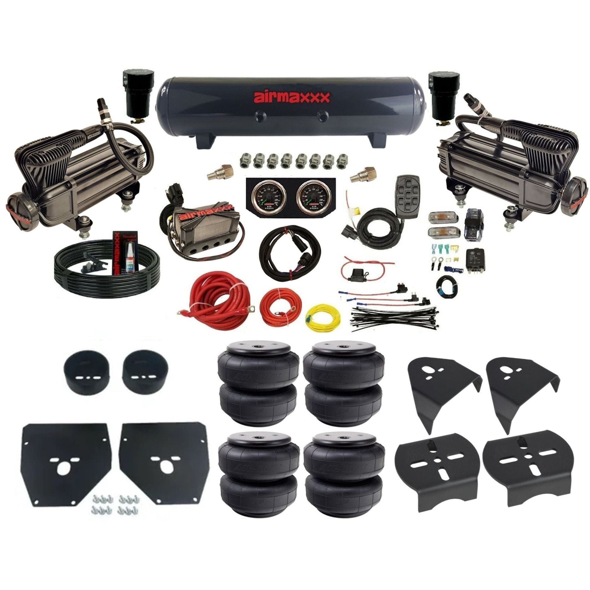 airmaxxx X-series air compressors steel tank w/Air Lift bags & brackets 3/8" air suspension manifold kit fits 1973-1987 Chevy C10 KC1073-XB2-57S-X4X7-WK-HFD26