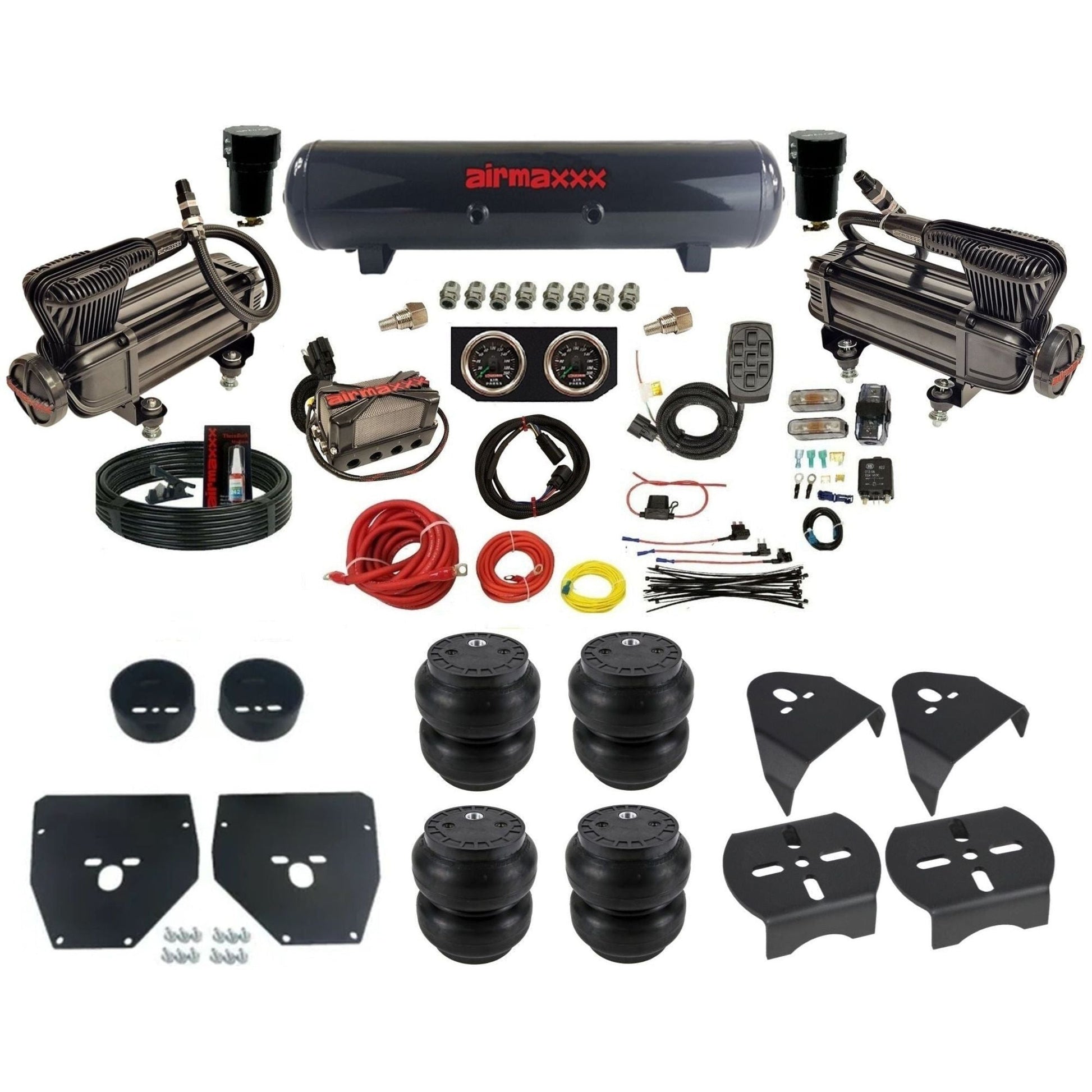 airmaxxx X-series air compressors steel tank w/Slam bags & brackets 3/8" air suspension manifold kit fits 1973-1987 Chevy C10 KC1073-XB2-57S-X4X7-WK-HFSS7