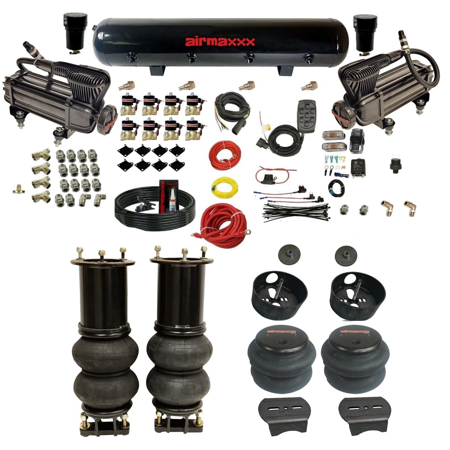 airmaxxx X-series black air compressors steel air tank 2600 bags & brackets fits 2007-18 tahoe KSUV07-XB2-838-59S-7BK-WK-HF