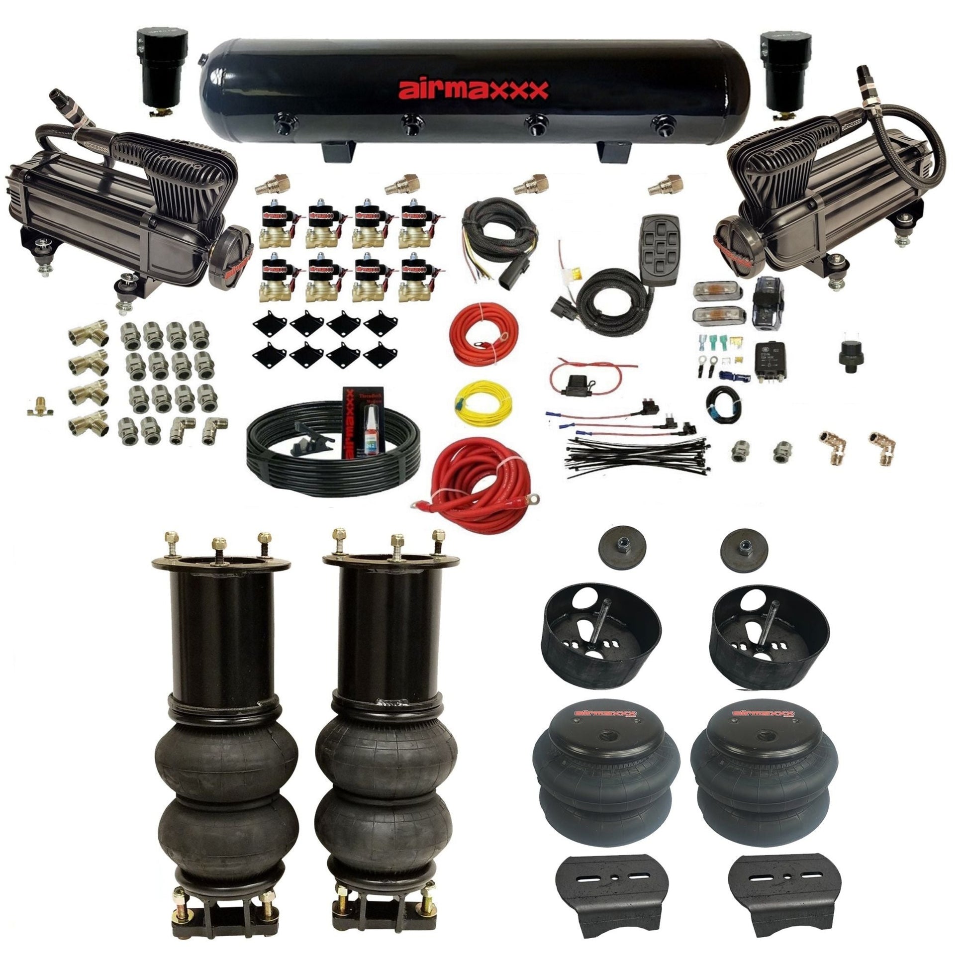 airmaxxx X-series black air compressors steel air tank 2600 bags & brackets fits 2007-18 tahoe KSUV07-XB2-838-59S-7BK-WK-HF