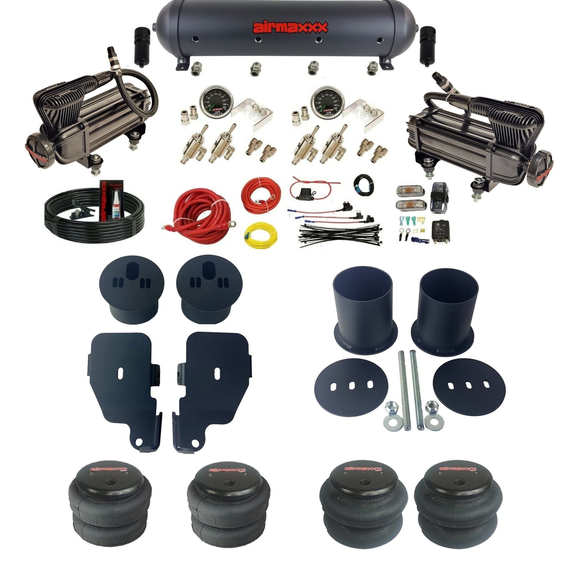 airmaxxx X-series black aluminum air tank 2 toggle switches 2600 air bags & brackets fits 1965-70 Impala KIMP65-XB2-59ABK-4TOG2GA2B-WK-HF