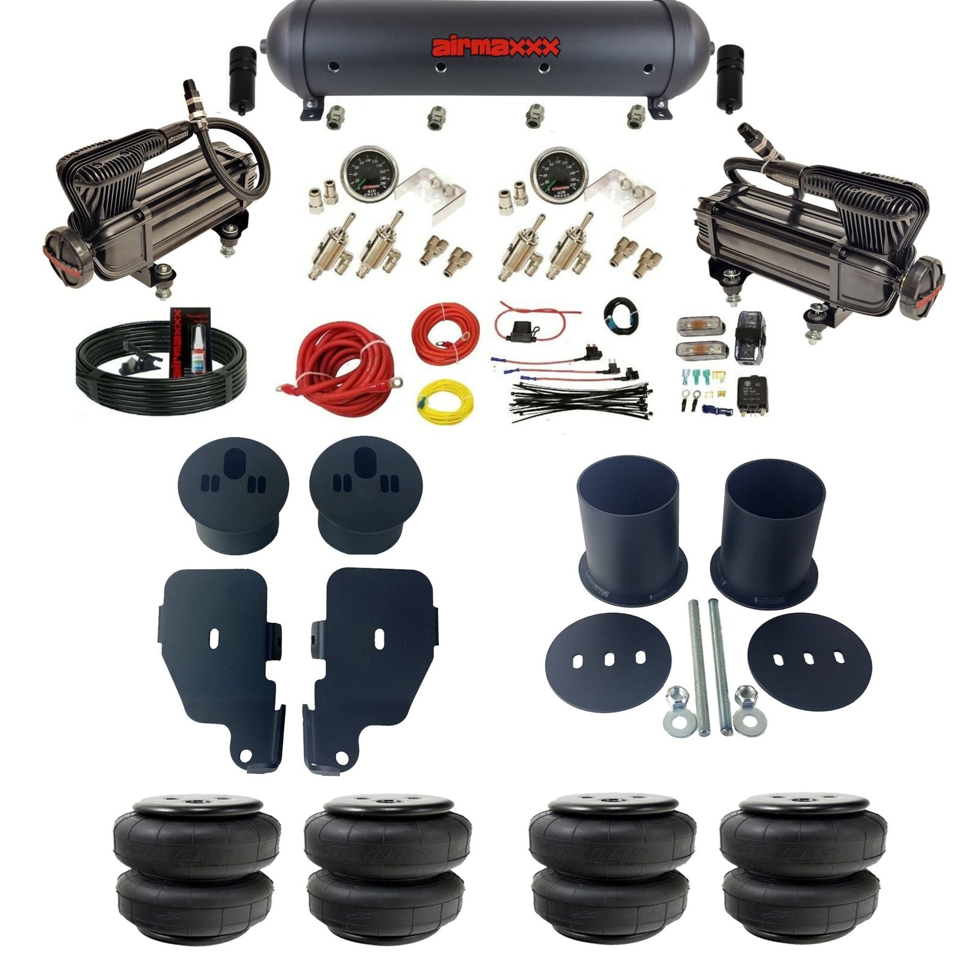 airmaxxx X-series black aluminum air tank 2 toggle switches Air Lift air bags & brackets fits 1965-70 Impala KIMP65-XB2-59ABK-4TOG2GA2B-WK-HFD25