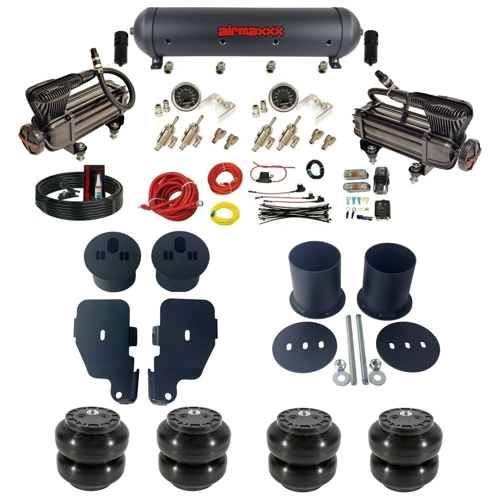 airmaxxx X-series black aluminum air tank 2 toggle switches Slam air bags & brackets fits 1965-70 Impala KIMP65-XB2-59ABK-4TOG2GA2B-WK-HFSS6